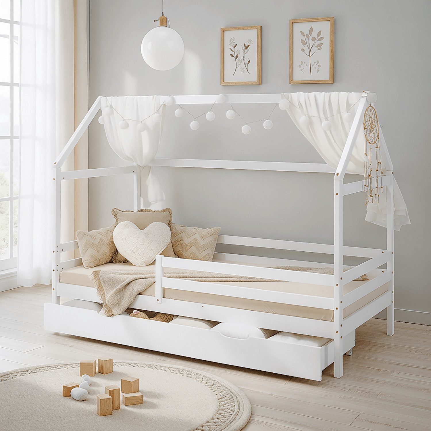 Homestyle4u Hausbett 90x200 Weiß Holz Kinderbett erhöht Kleinkind halbhoch Montessori (Set, Bettgestell mit Lattenrost und Rausfallschutz), mit Stauraum (1x Bettkasten/Schublade)
