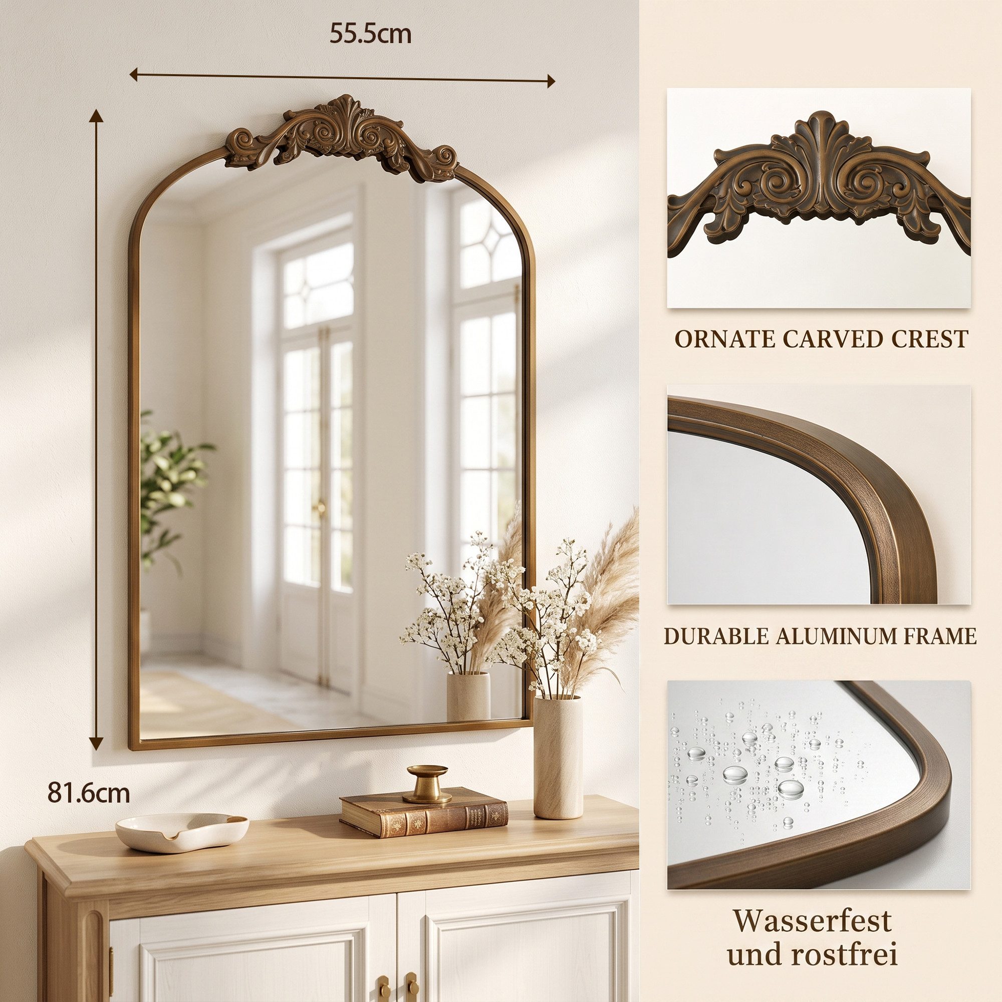 ANTOK Wandspiegel mit Rundbogen, Schwarzer Vintage-Spiegel im Barockstil (1-St), mit Metallrahmen für Wohnzimmer, Badezimmer, Kaminbereich und Flur