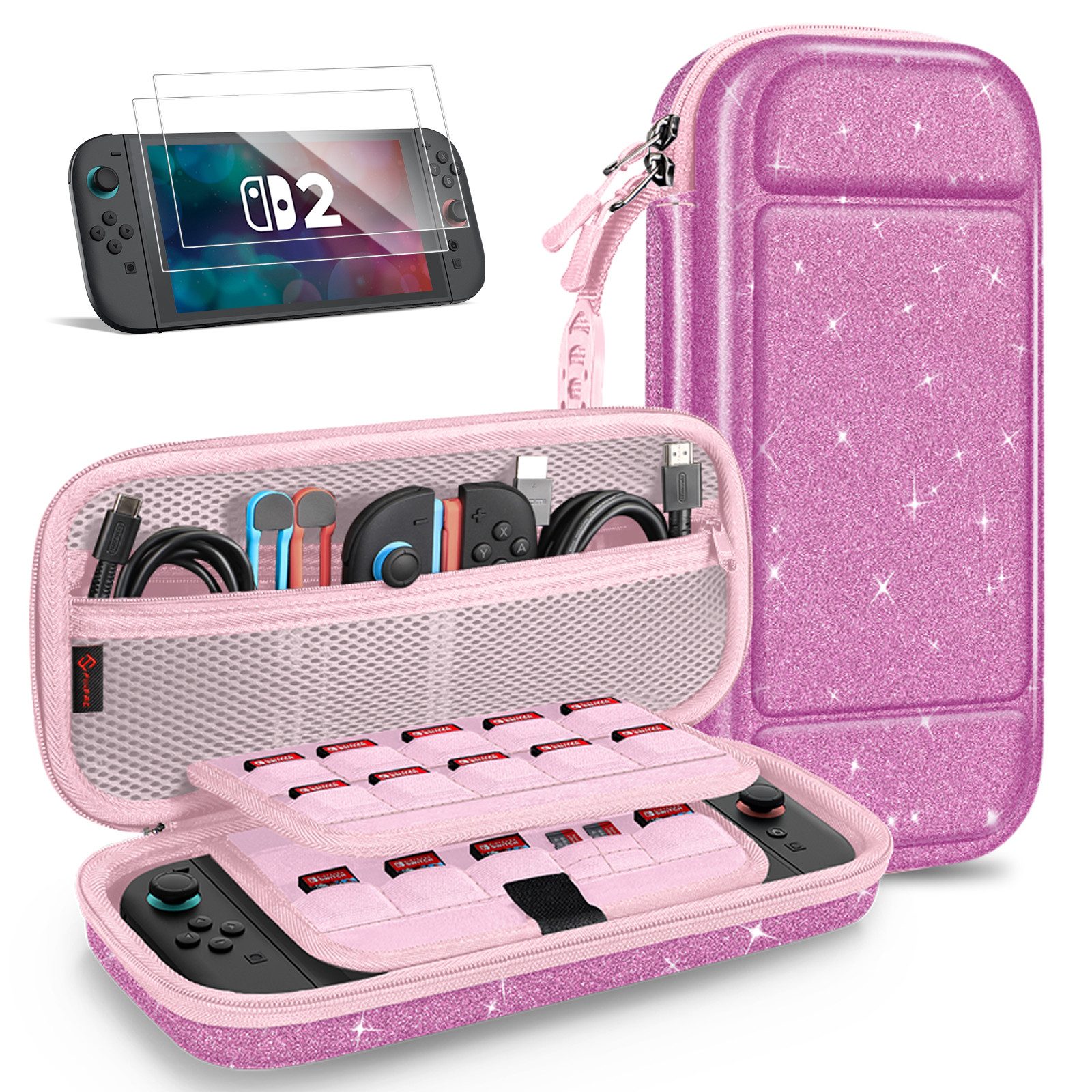 Fintie Nintendo-Schutzhülle Tasche mit 2 Panzerglas für Nintendo Switch 2(2025), 2-in-1 Zubehörset, mit 2 Stücke Schutzfolie, 1 Tragetasche mit großem Fassungsvermögen