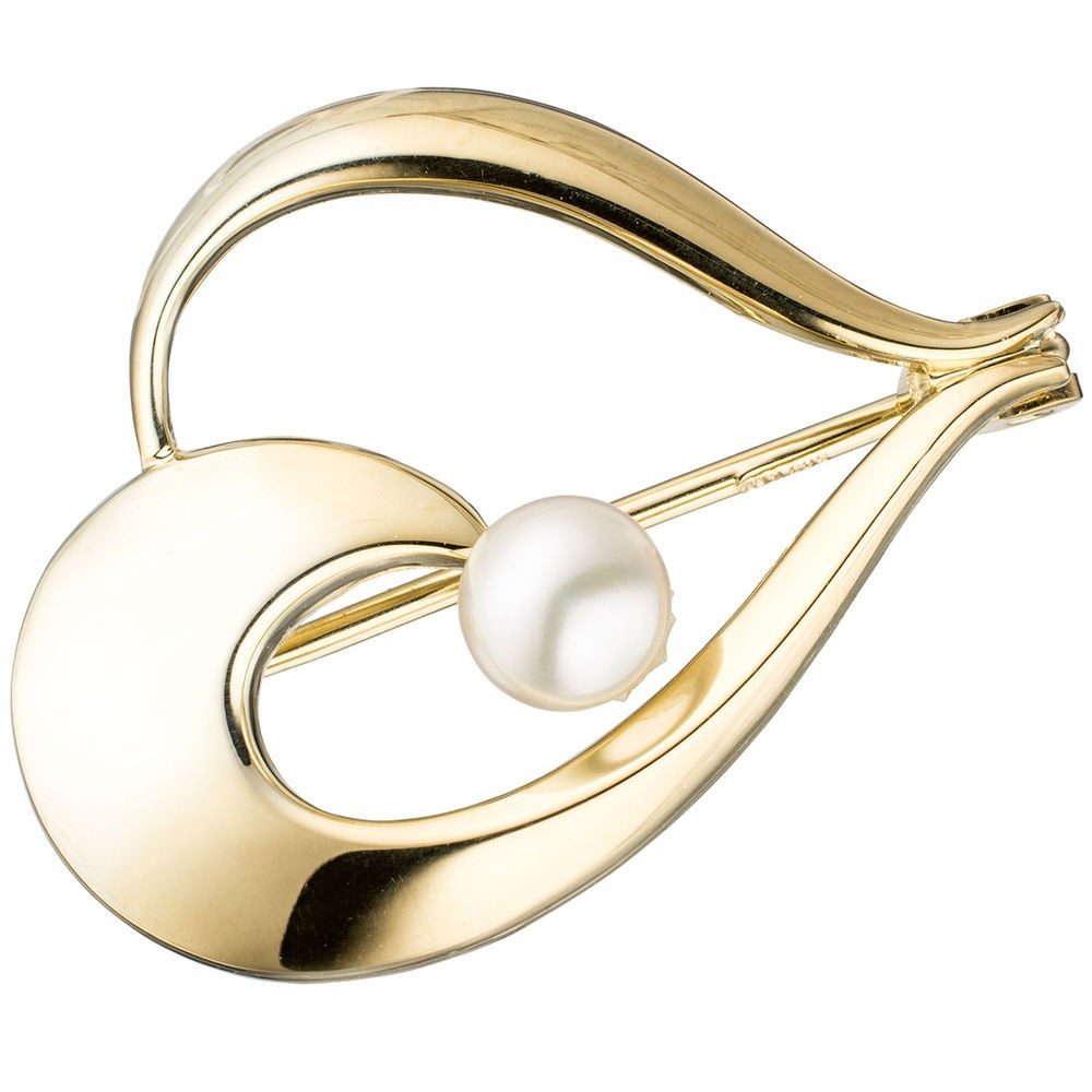 Schmuck Krone Brosche Brosche mit Süßwasser-Zuchtperle, 585 Gold, Gold 585