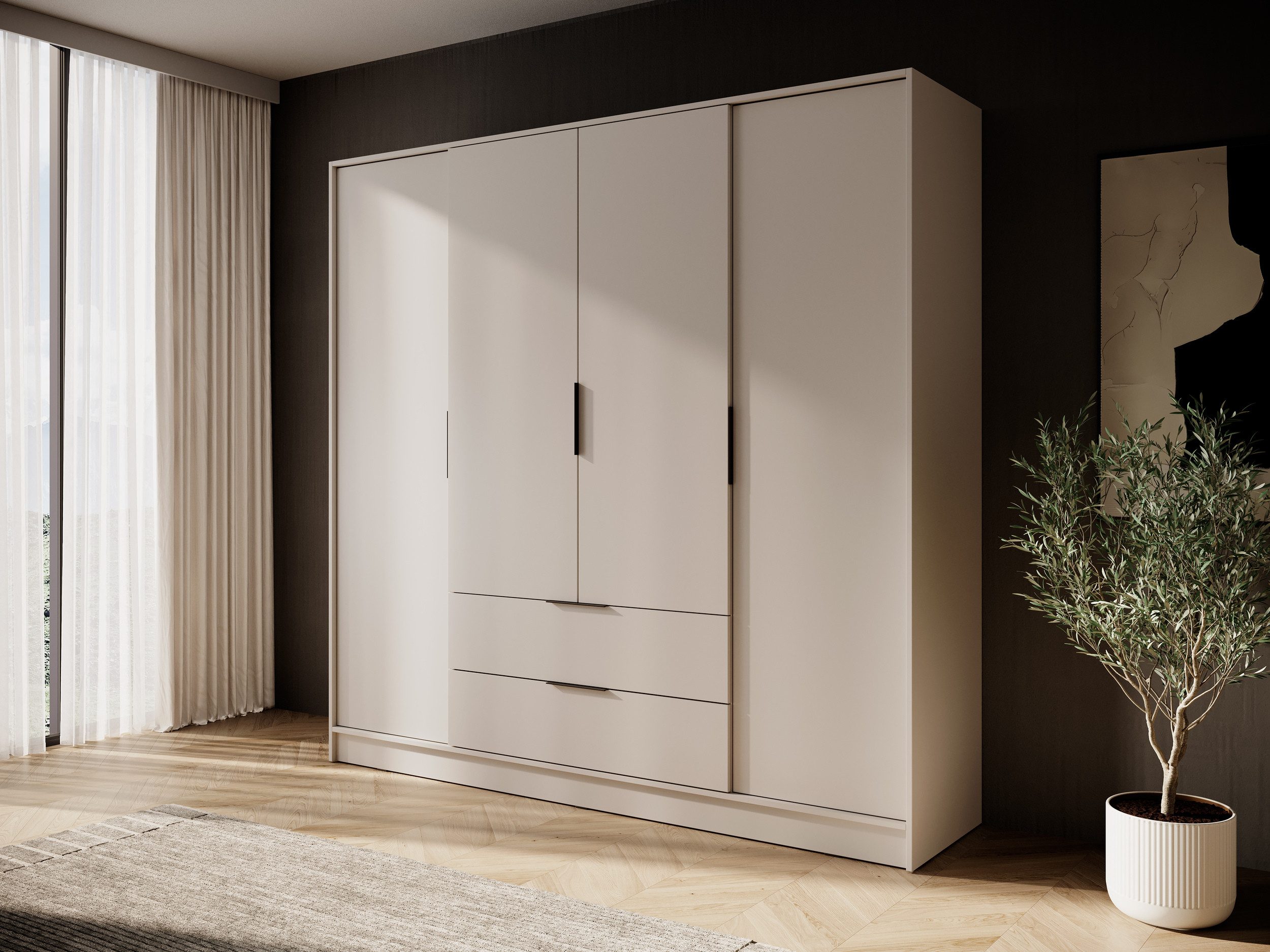 MOEBLO Drehtürenschrank SEVIA 200 (Moderner und funktionaler Schrank mit verstellbaren Regalen und Schubladen, Kleiderschrank 4-türig Schrank Garderobe Schlafzimmer mit/ohne Spiegel, mit/ohne Vitrinen - und Schubladen) (BxHxT): 206x200x51 cm