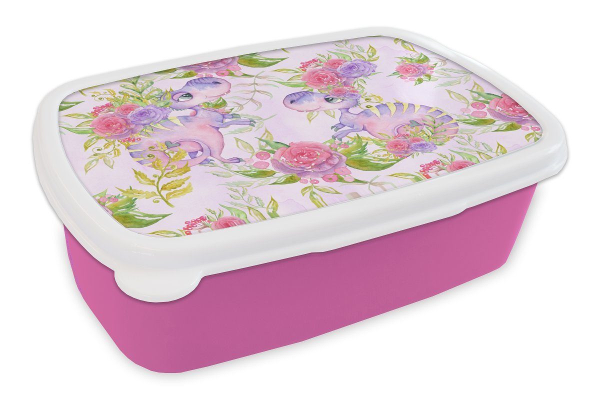 MuchoWow Lunchbox Dinosaurier - Blumen - Kinderzimmer - Mädchen - Rosa - Mädchen, Kunststoff, (2-tlg), Brotbox für Erwachsene, Brotdose Kinder, Snackbox, Mädchen, Kunststoff