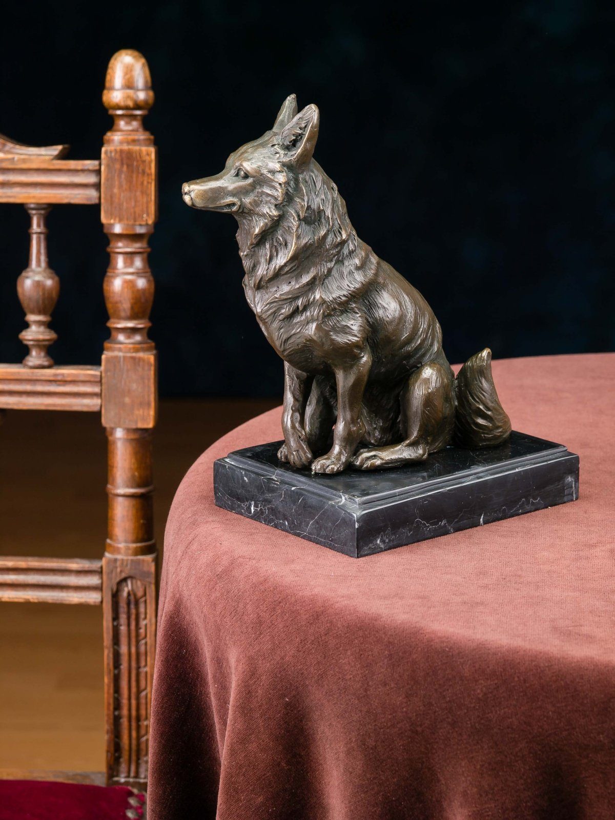 Aubaho Dekoobjekt Bronzeskulptur Fuchs Bronze Stein Skulptur Figur Jagd Jäger