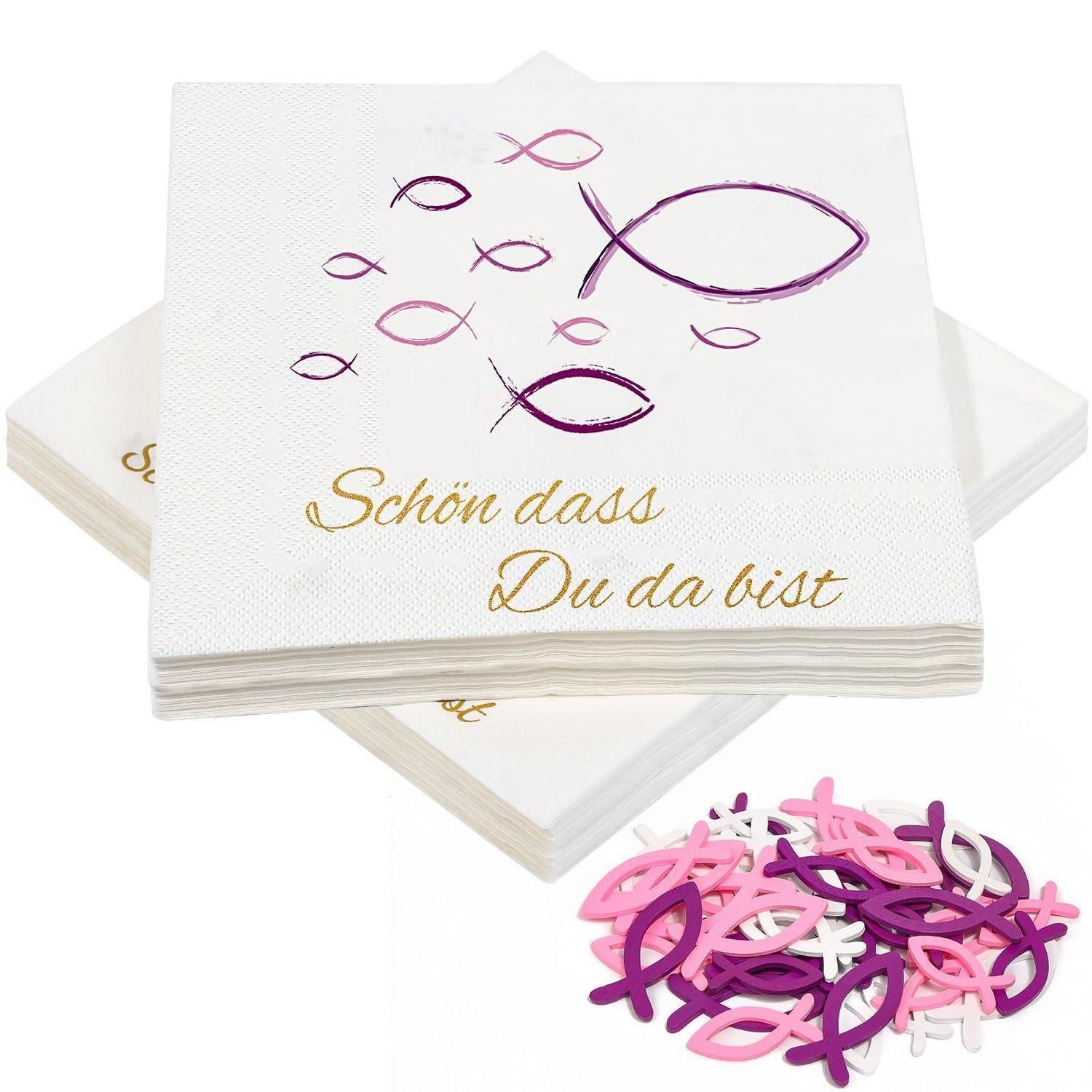 LuxusKollektion Papierserviette Fisch Servietten & Holzfische Deko Rosa, (40 St)