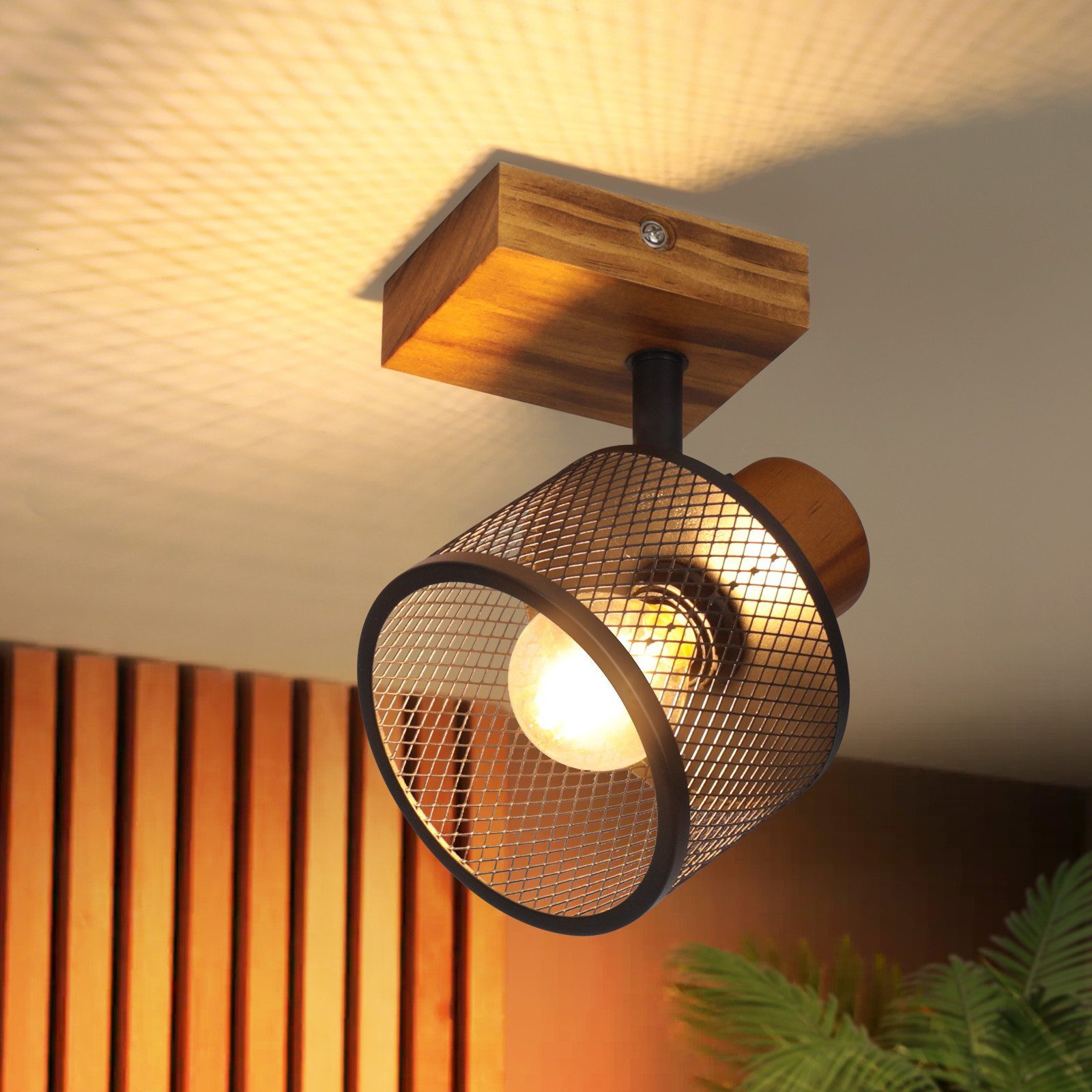 ZMH Deckenstrahler Vintage Schwarz Spots 1/2/3/4 Flammig Metall Deckenlampe, E14(ohne Leuchtmittel), ohne Leuchtmittel, 1 Flammig Deckenleuchte Flur aus Holz Strahler Wandstrahler Schwenkbar