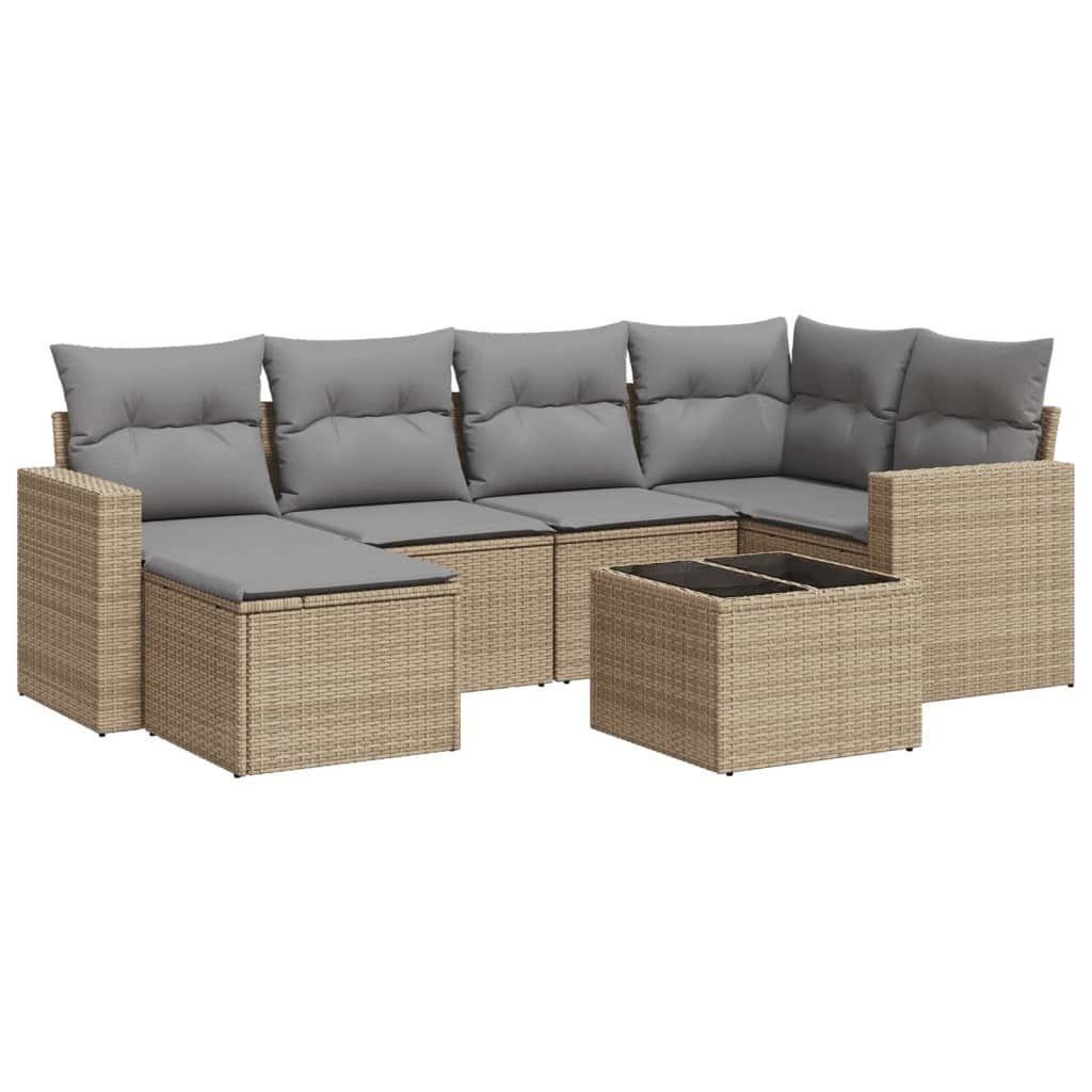 Gartenlounge-Set 7-tlg. Garten-Sofagarnitur mit Kissen Beige Poly Rattan