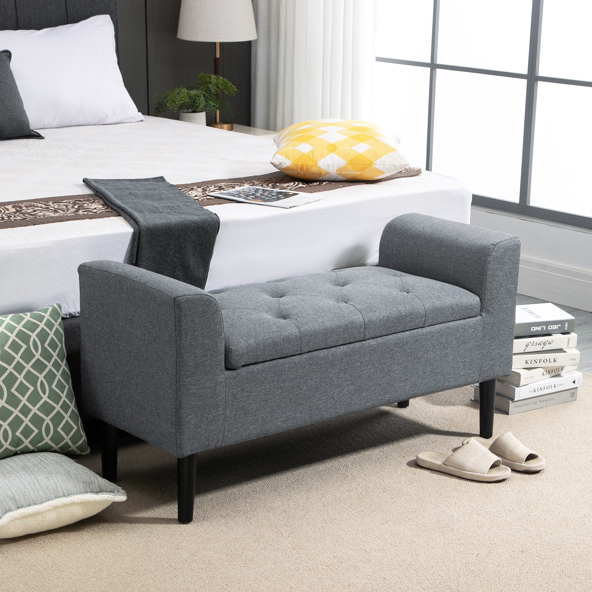 HOMCOM Sitzbank Stauraum, Leinenoptik, Holzbeine, Bettbank belastbar bis 130 kg (Polsterbank, 1-St., Sitzhocker), für Wohnzimmer Schlafzimmer Flur, 116 x 44 x 58 cm Hellgrau