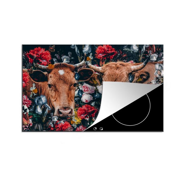 MuchoWow Herdblende-/Abdeckplatte Kuh - Blumen - Tiere - Porträt Vinyl (1 tlg) induktionskochfeld Schutz für die küche Ceranfeldabdeckung