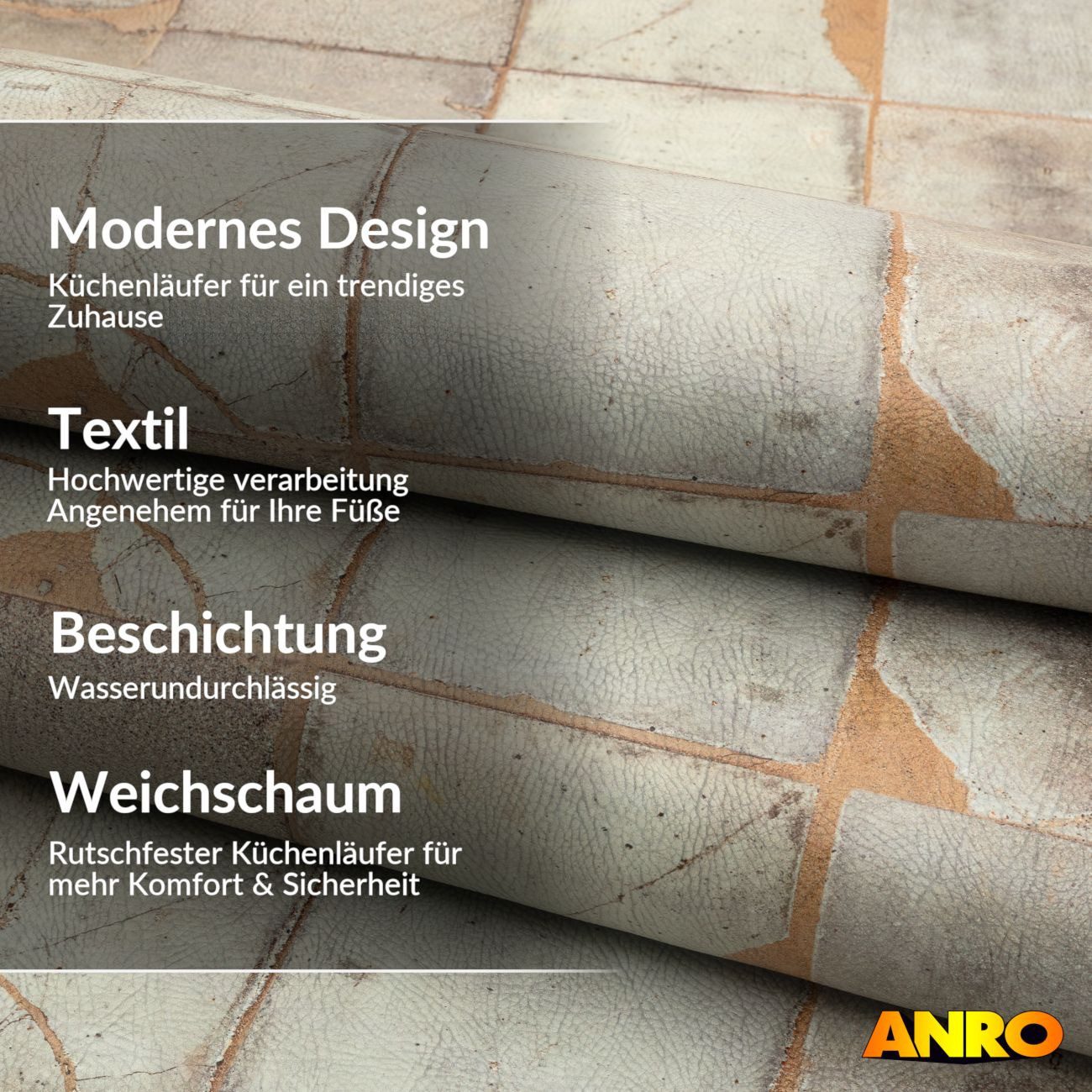ANRO Küchenläufer abwaschbar Ethno LADY Läufer pflegeleicht Küchenteppich, Rechteckig, Höhe: 3 mm, robust schmutzabweisend 67x100cm Ethno Beige robust – Bild 2 von 5