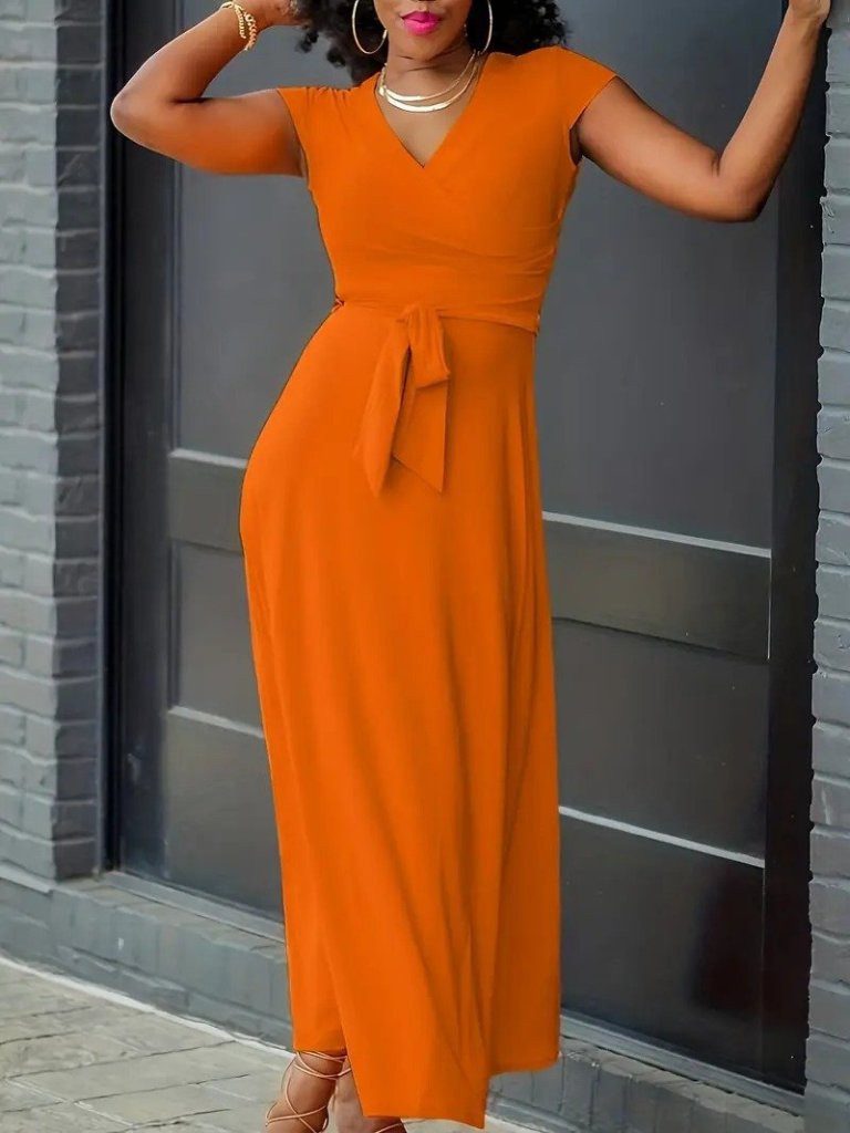 Moda Yakamoz Midikleid JANE'S Damen Kurzarm V-Ausschnitt Gürtel Maxi Länge Viskose Kleid