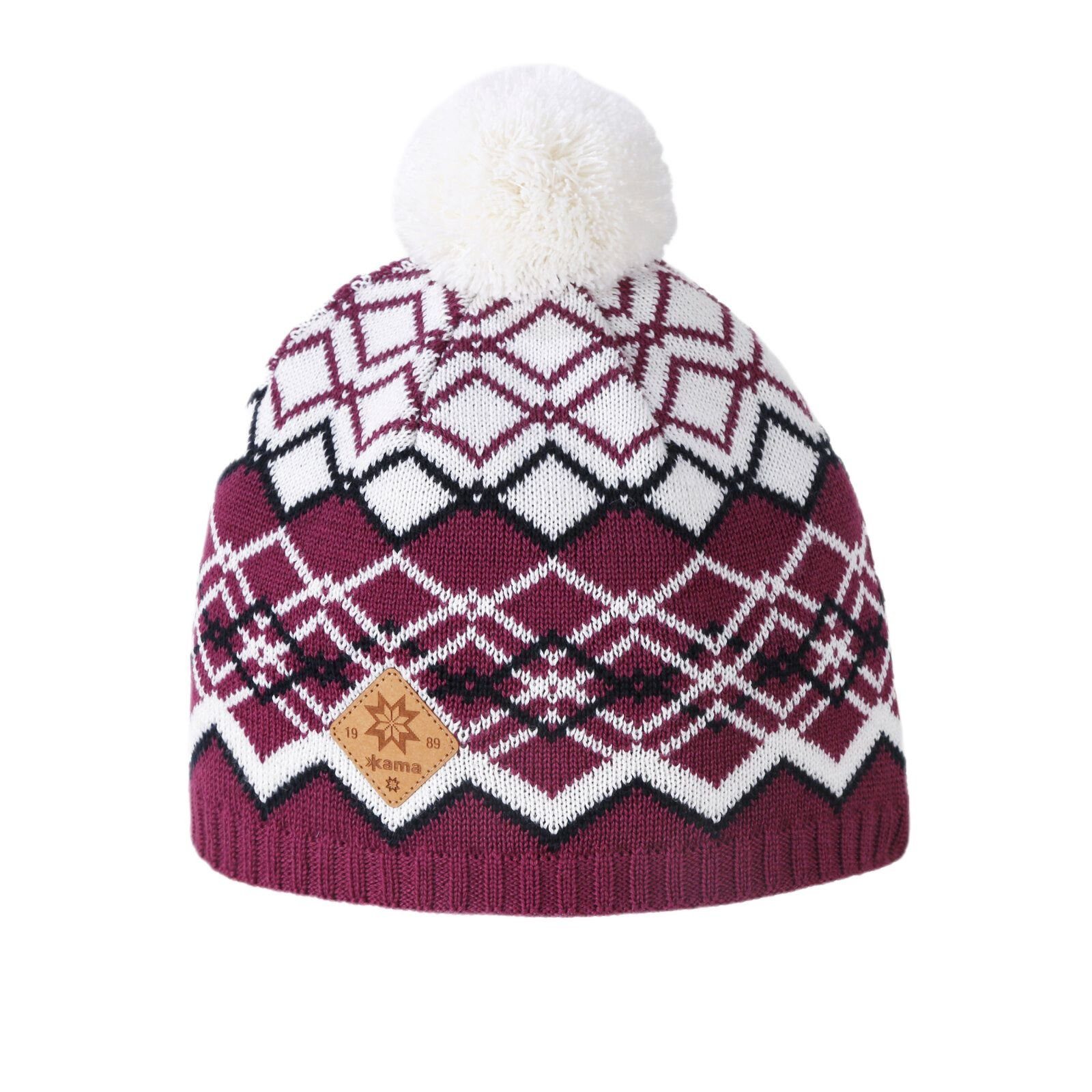 Strickmütze (Bommel) A172 Merino - Damen pink/weiss- 1 Stück