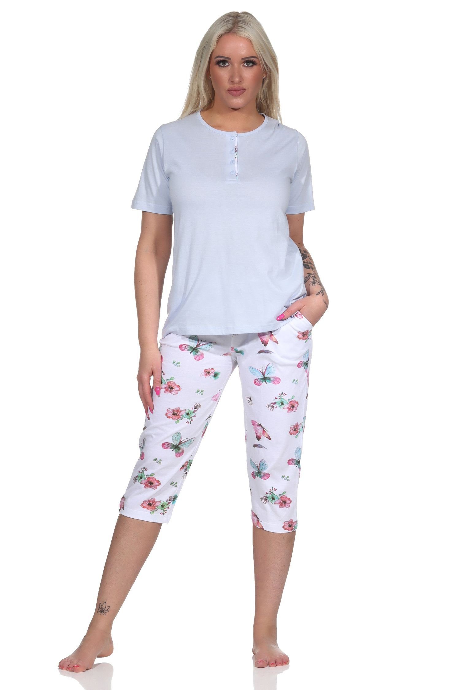 Normann Pyjama »Damen Capri Schlafanzug kurzarm Pyjama mit Caprihose in  floralem Schmetterlings Print« online kaufen | OTTO