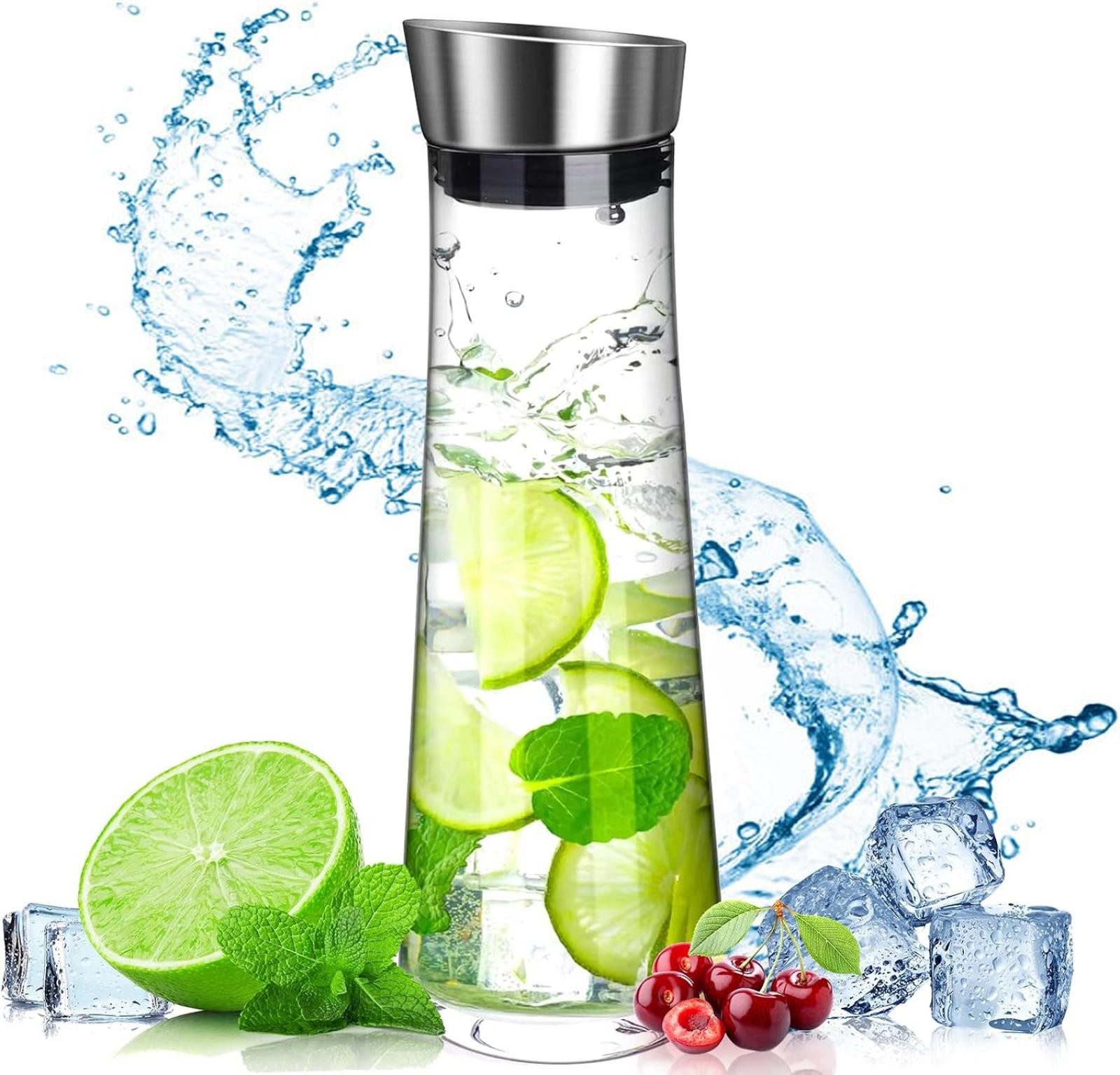 FELIXLEO Karaffe Glas-Karaffe Wasserkaraffe Glass (1.5 L) mit Deckel Edelstahl, (1-tlg)