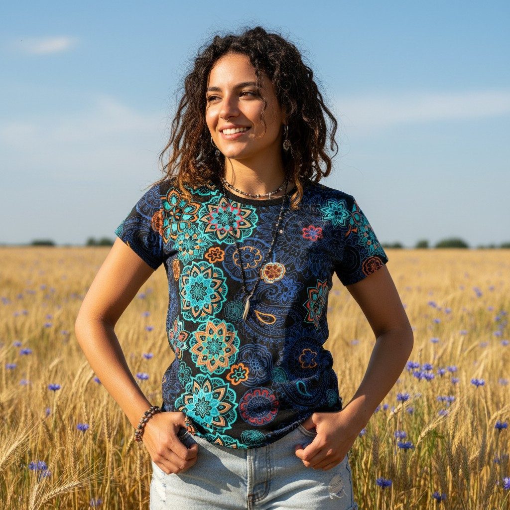 Guru-Shop T-Shirt Boho T-Shirt mit Stickerei und Druck, Baumwoll.. Festival, Ethno Style, alternative Bekleidung