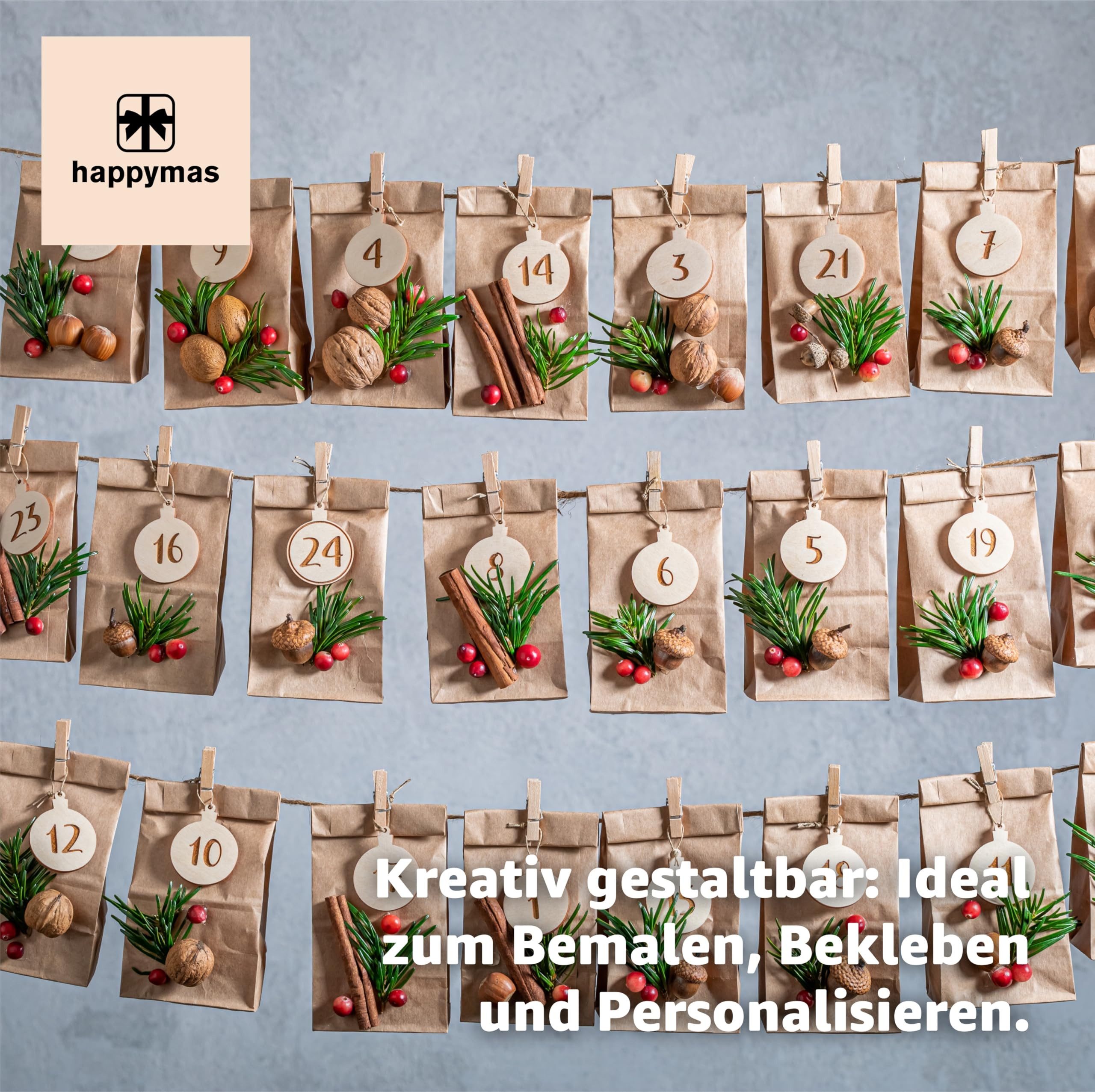 happymas DIY-Adventskalender 50x Kraftpapiertüten braune Beutel 21 x 14 cm (50er Set, 50-tlg)