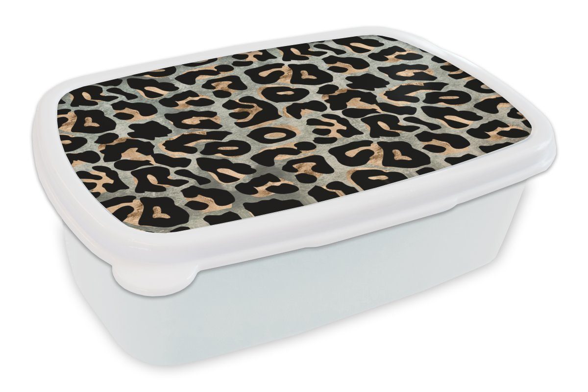 MuchoWow Lunchbox Pantherdruck - Schwarz - Braun - Luxus, Kunststoff, (2-tlg), Brotbox für Kinder und Erwachsene, Brotdose, für Jungs und Mädchen weiß
