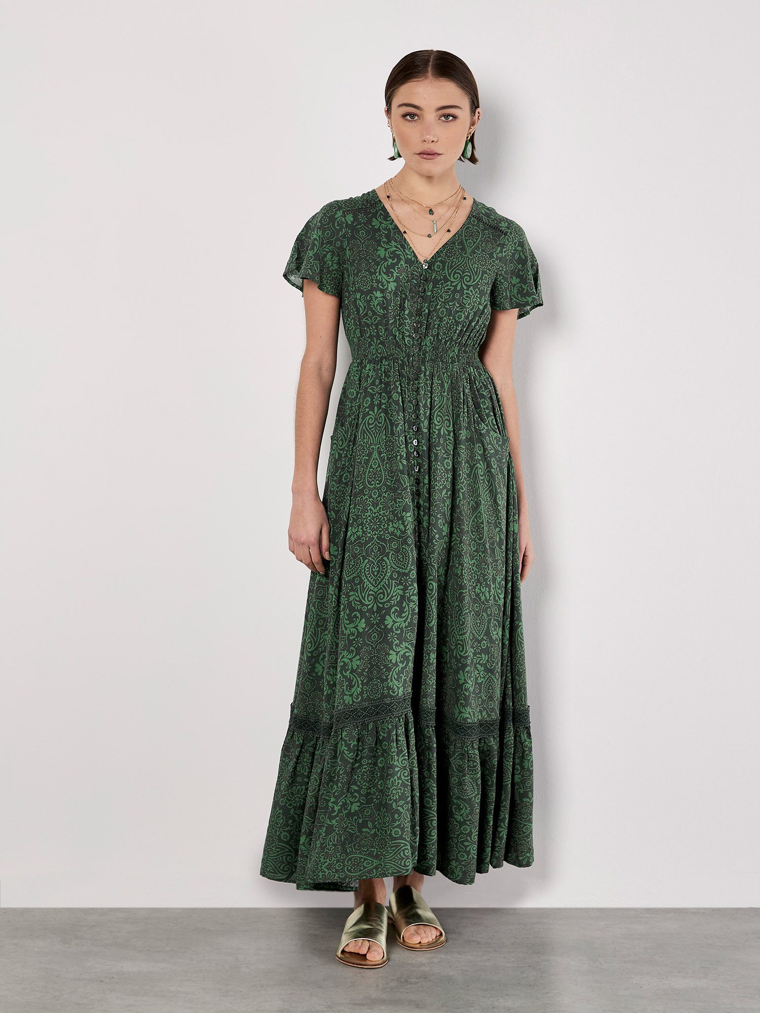 Apricot Druckkleid Maxikleid mit Paisleymuster mit Pisleymuster und Knopfle günstig online kaufen