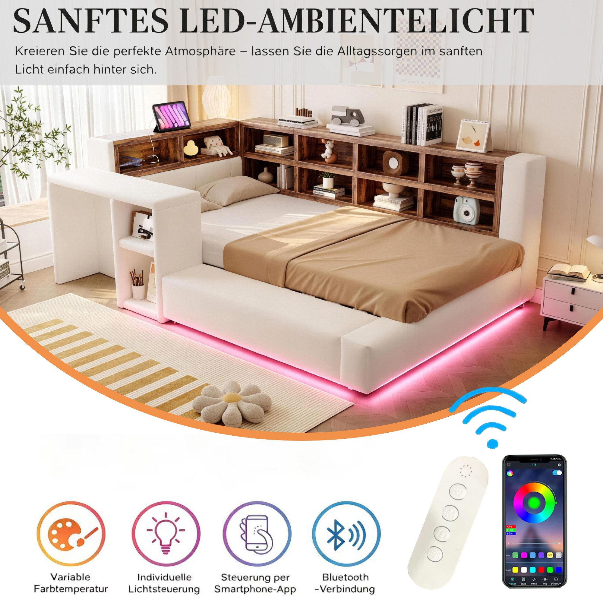 Merax Daybett 90x200cm mit LED-Beleuchtung und Steckdosen (Samt Jugendbett Sofabett Schlafsofa Kinderbett, 1 tlg), Polsterbett mit gepolstertem Kopfteil, Staura – Bild 5 von 5