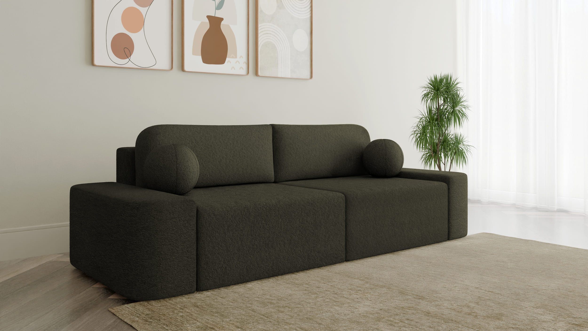 MOEBLO Sofa Lisbon aus Bouclé, – 268 cm – modernes Sofa mit Bettfunktion, Bettkasten & gepolstertem Rücken & Zierkissen – Komfort-Couch fürs Wohnzimmer, Couch Polstermöbel Sitzmöbel Wohnzimmermöbel 3-Sitzer-Sofa Stoffsofa, (BxHxT):268x85x110 cm