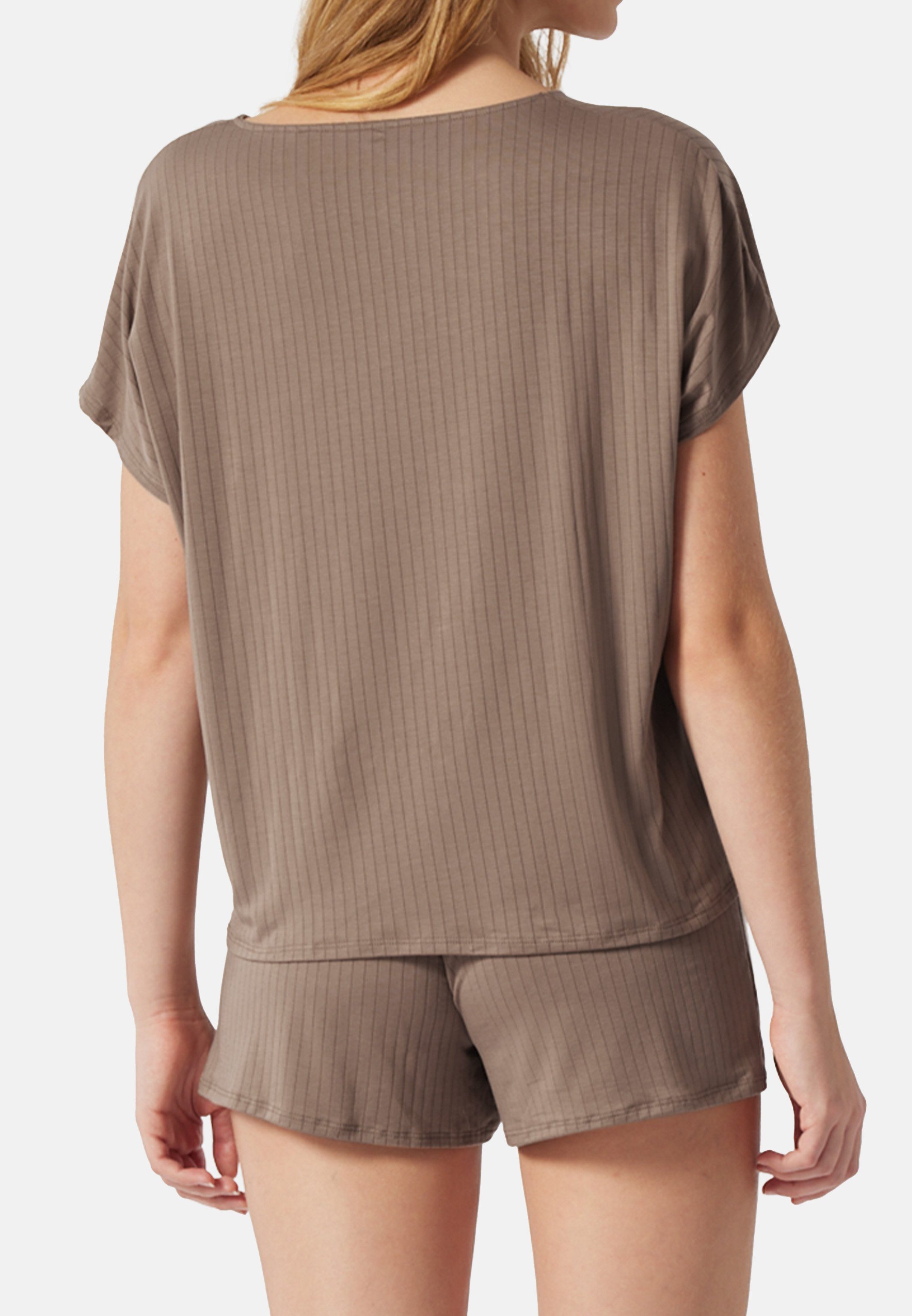 (Set, Kurz Premium 2 Selected Pyjama mit Oversized-Shirt Schiesser Braun tlg) Schlafanzug - Fledermausärmeln