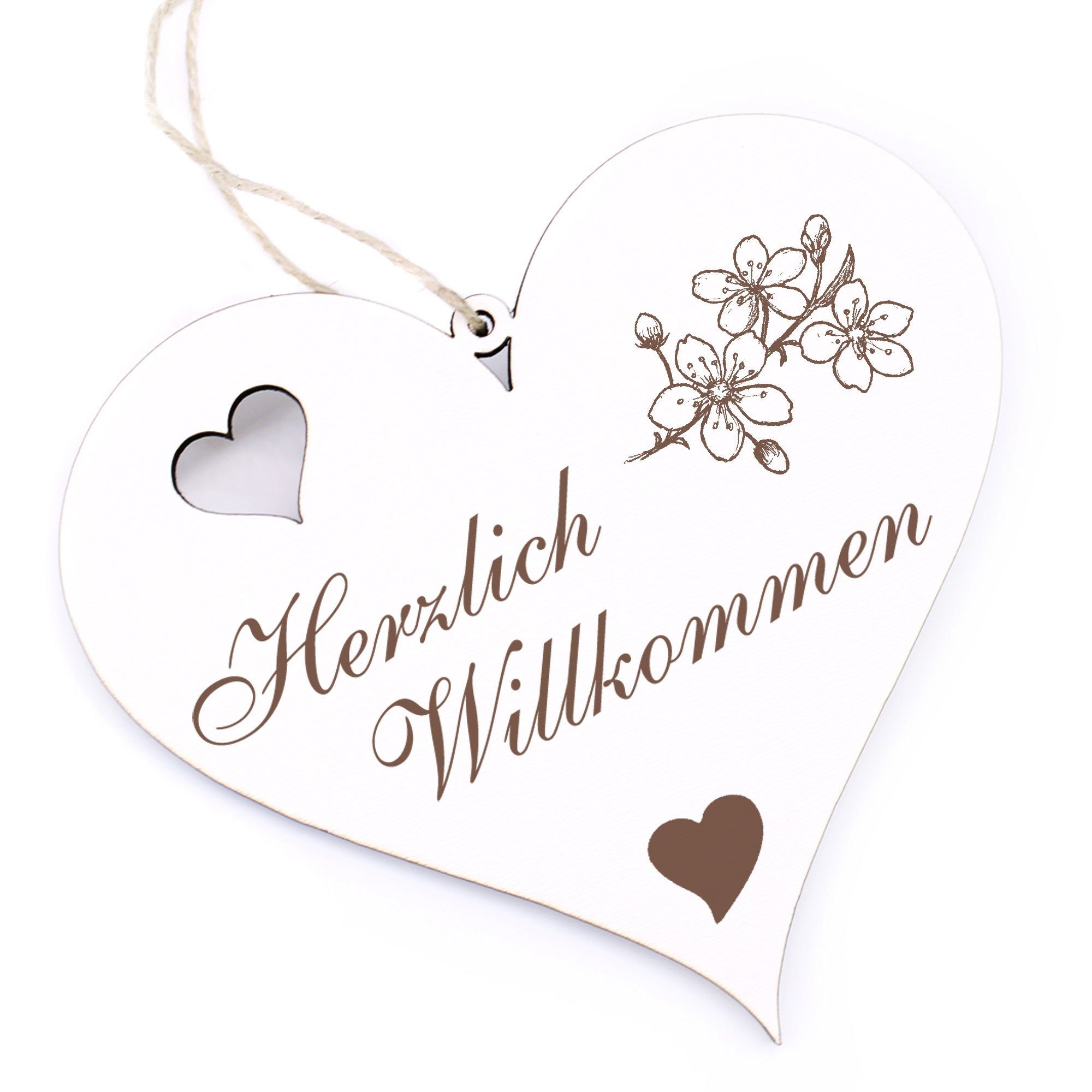 Dekolando Hängedekoration Herzlich Willkommen - Zweig mit Kirschblüten - 13x12cm