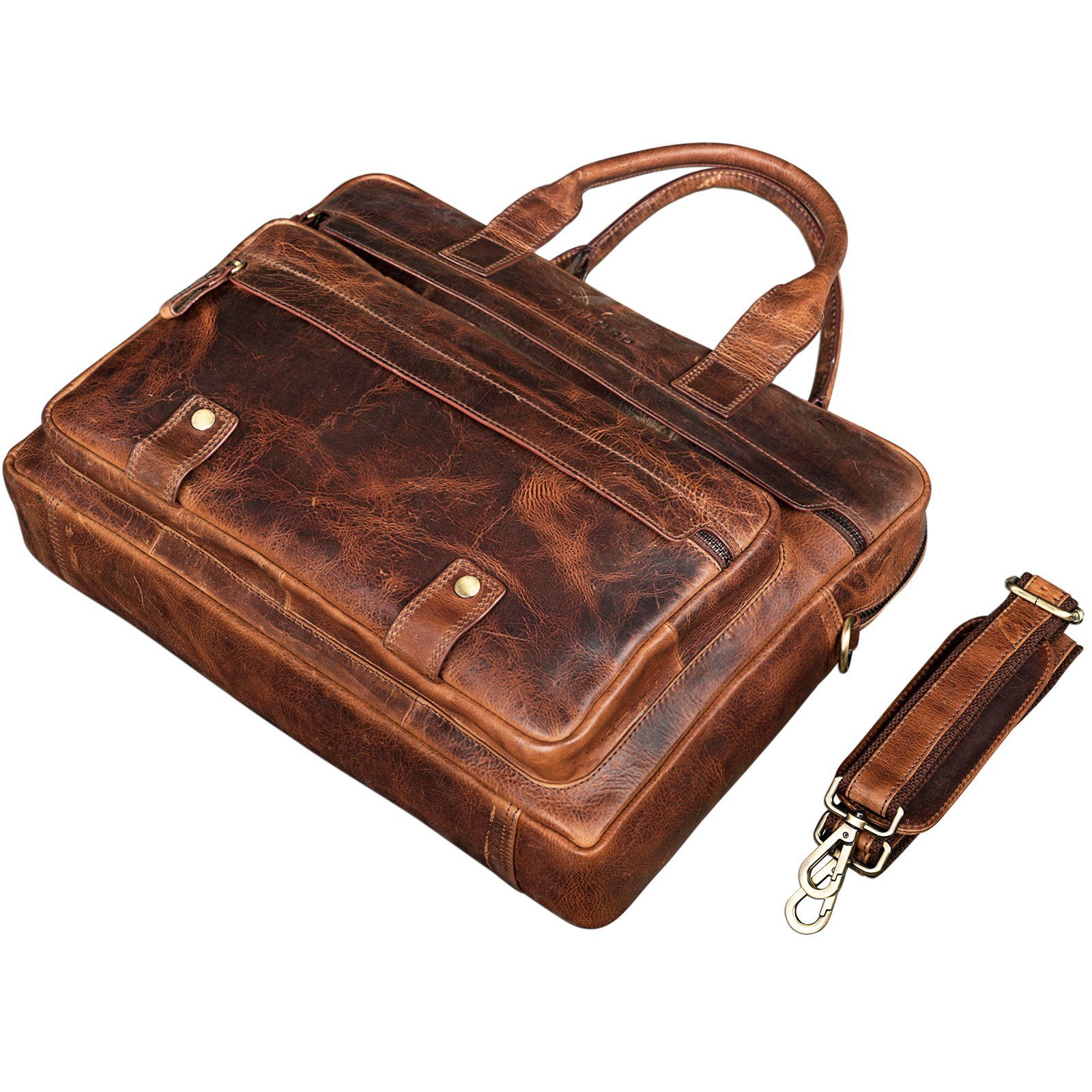 kara "Leander" cognac Leder STILORD Umhängetasche - Laptoptasche