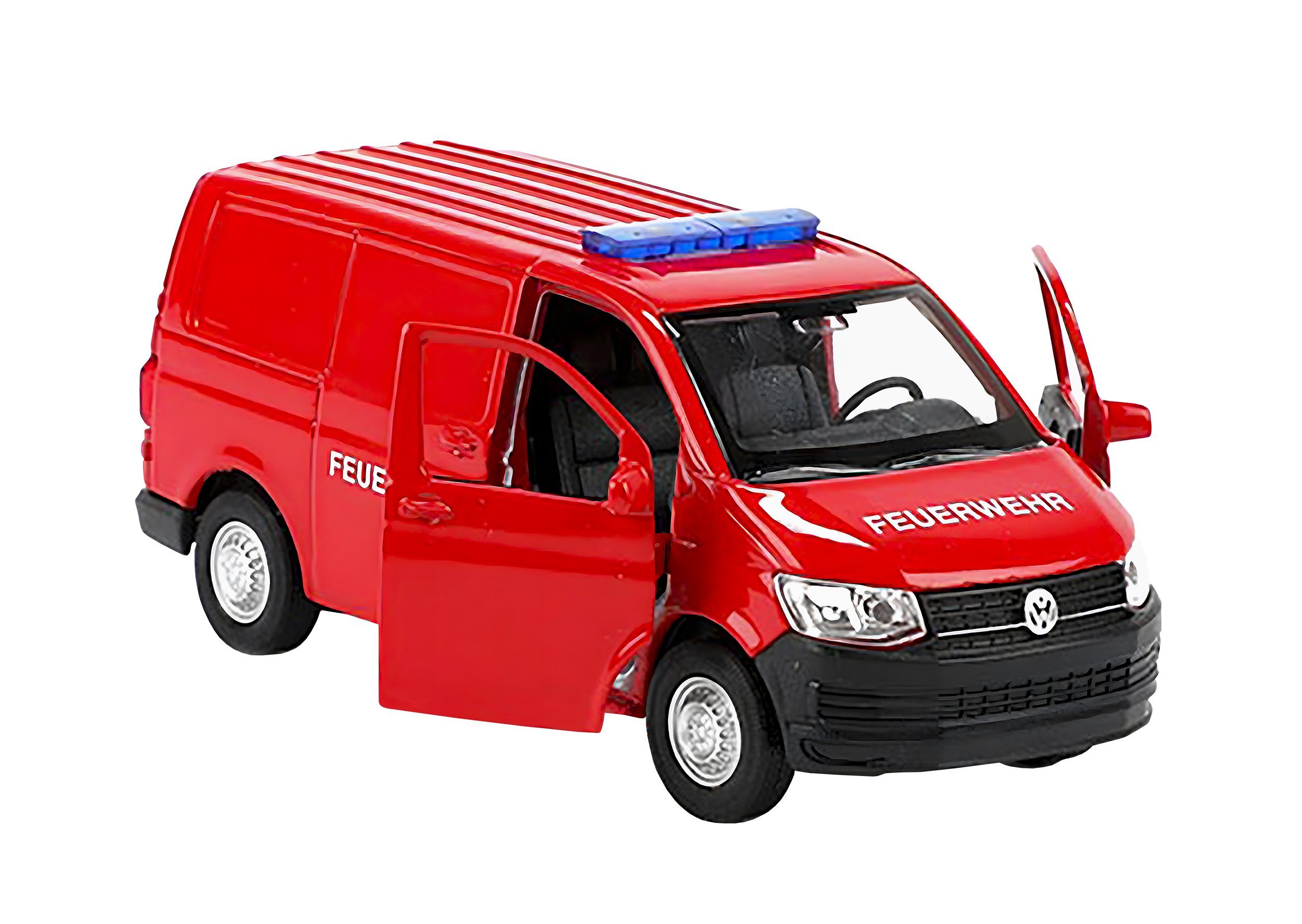 Welly Modellauto VOLKSWAGEN Transporter T6 Van Feuerwehr Bus mit Rückzug VW 77, Modell aus Metall Modellauto Auto