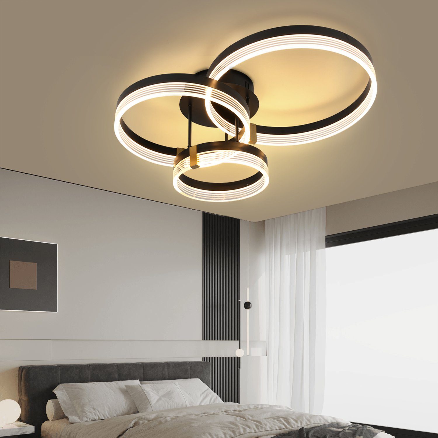 Schwarz Deckenleuchte oyajia Ø30+40+50 Dimmbare, fest integriert, Schlafzimmer LED cm, Modern Deckenbeleuchtung Wohnzimmerlampe LED Küche ‎Kaltweiß, 3 für Warmweiß, Ring Büro Design Ringoptik -30cm+40cm+50cm 42W, Deckenlampe Neutralweiße,