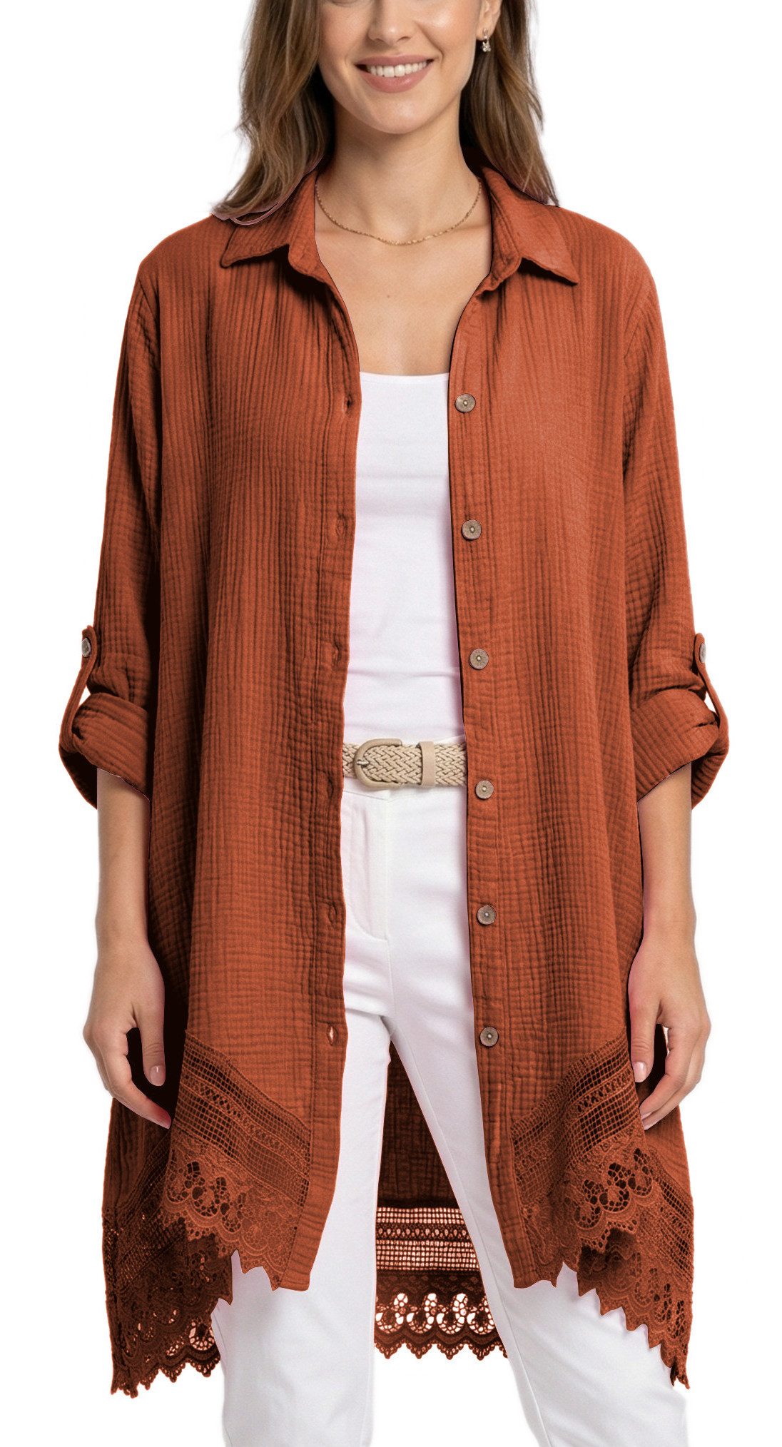 dy_mode Longbluse Damen Oversized Longbluse Musselin Tunika HemdbluseBlusenkleid in Unifarbe, dekorativem Häkel-Saum, Oversize-Passform