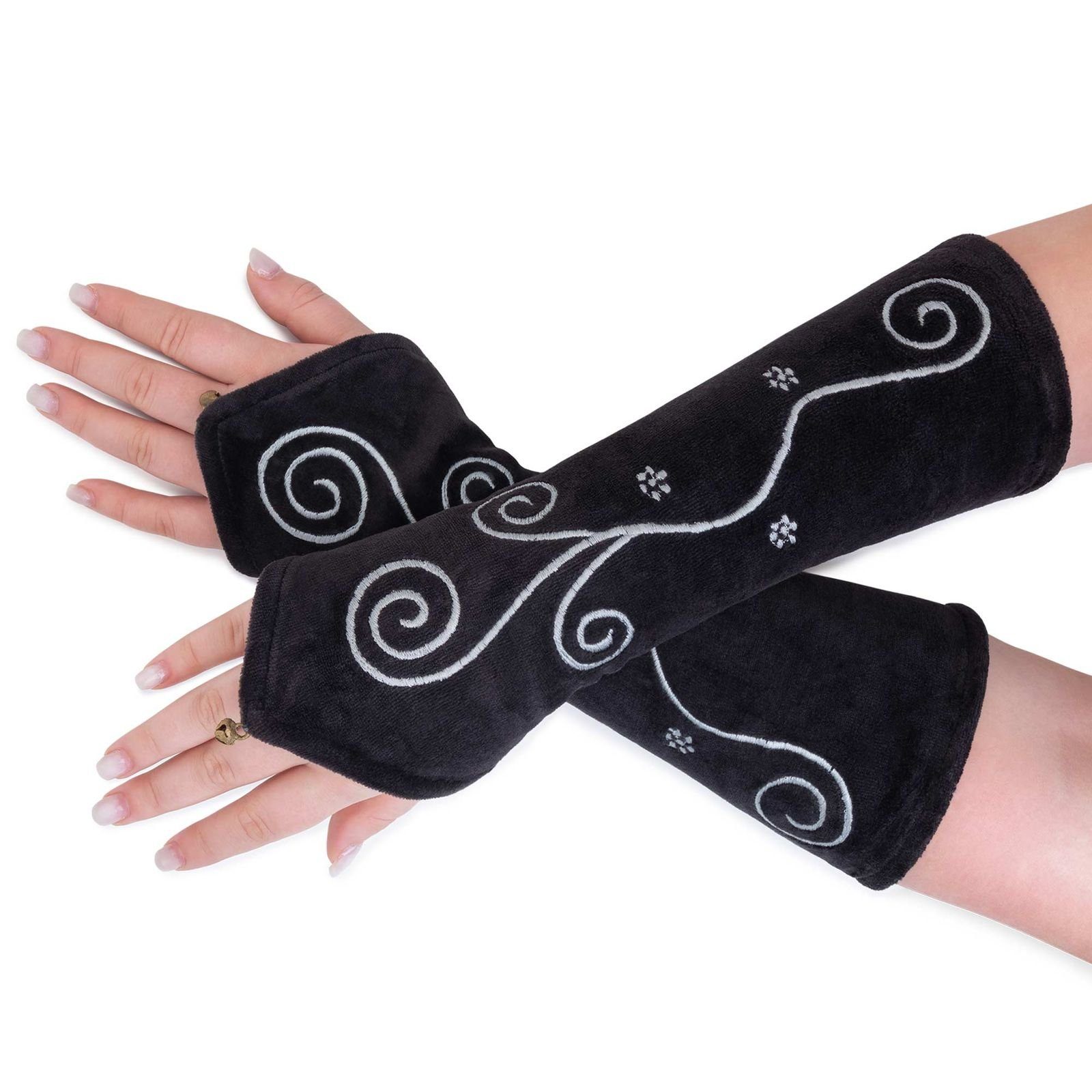 KUNST UND MAGIE Armstulpen Samt Pulswärmer Stulpen Grau Handwärmer Handschuhe Armlinge Armstulpen Boho / Schwarz