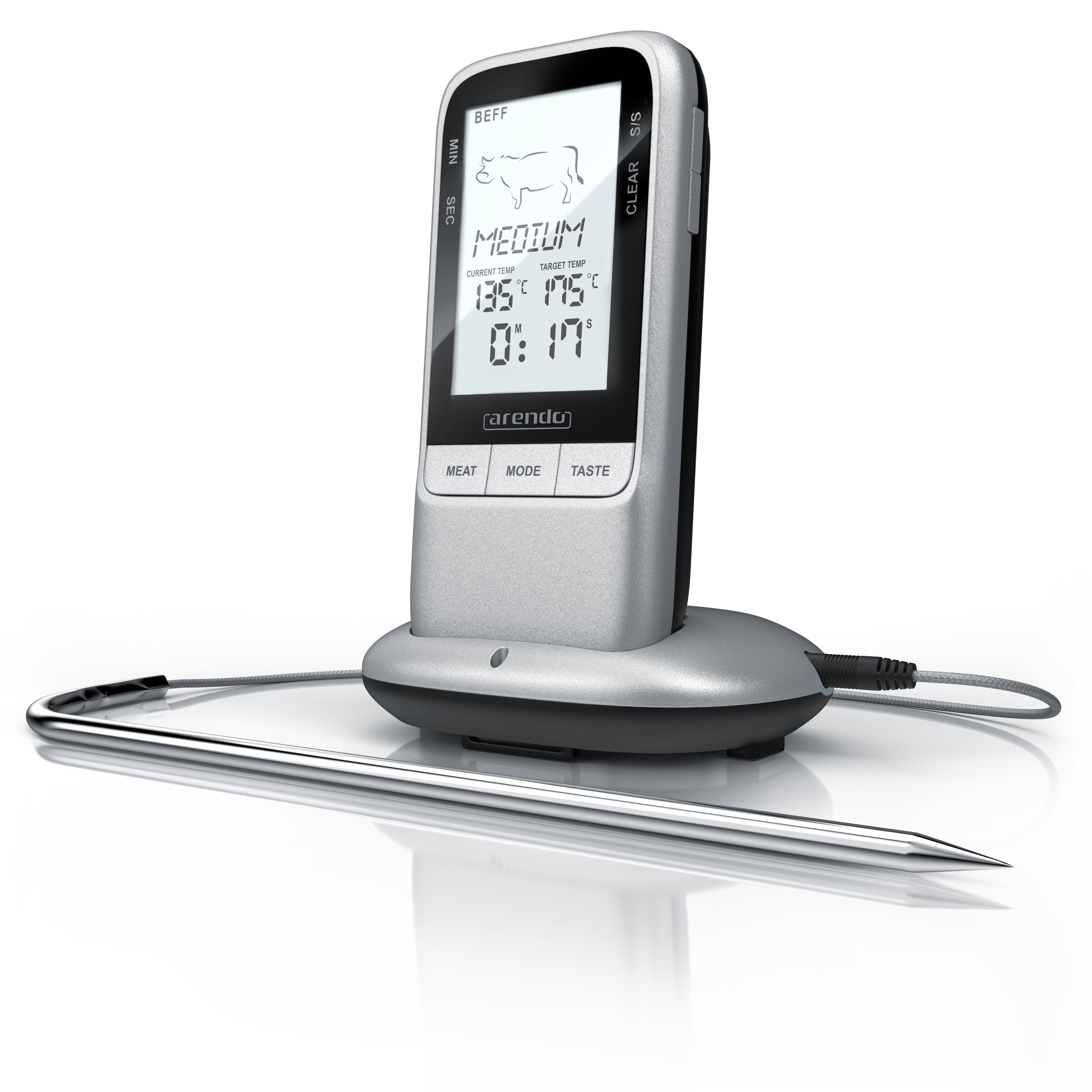 Arendo Grillthermometer Fleischthermometer & Bratenthermometer, Funk, für BBQ, Grill & Ofen, 1-tlg., Digital, Funk, Kabellos, Edelstahlsonde bis Max. 250°C