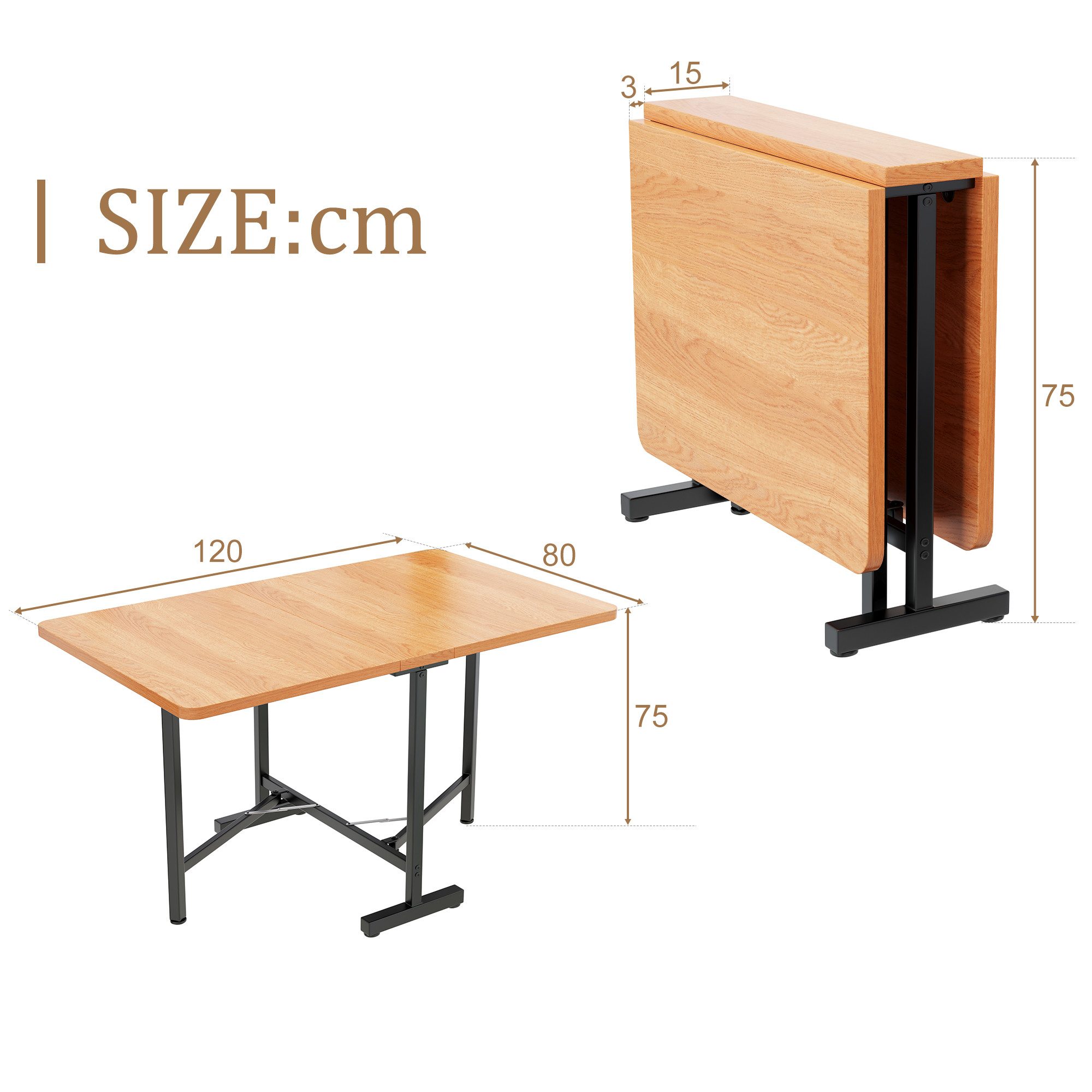 Flieks Esstisch (1-St., faltbar Tischpaltte 15-120cm), klappbar Küchentisch Schreibtisch Holzmaserung Eisenbeine