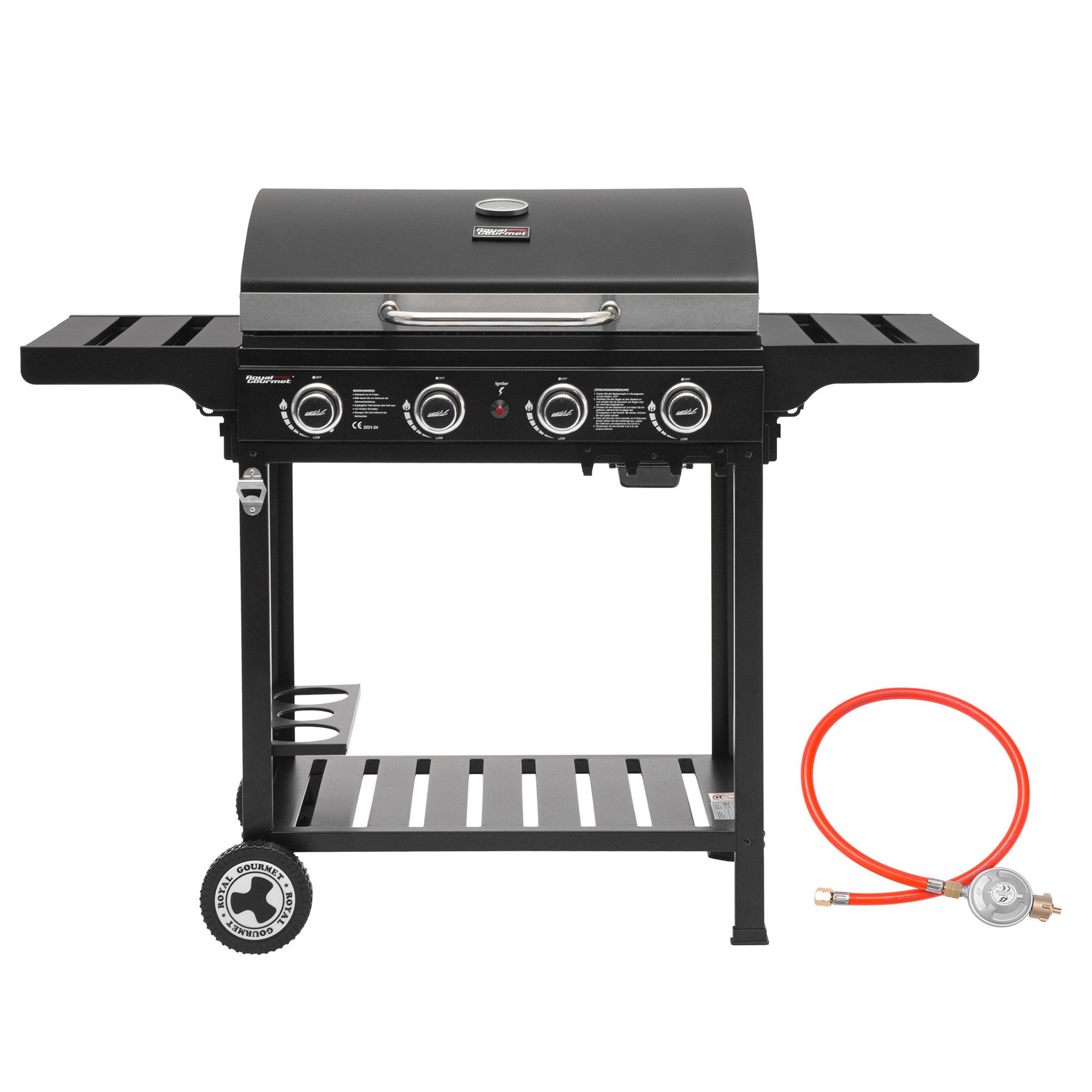Royal Gourmet Gasgrill Grillwagen Campinggrill Standgrill mit Edelstahl Brenner, mit Seitenablagen und Flascheregal, 4 Brenner, 12 kW