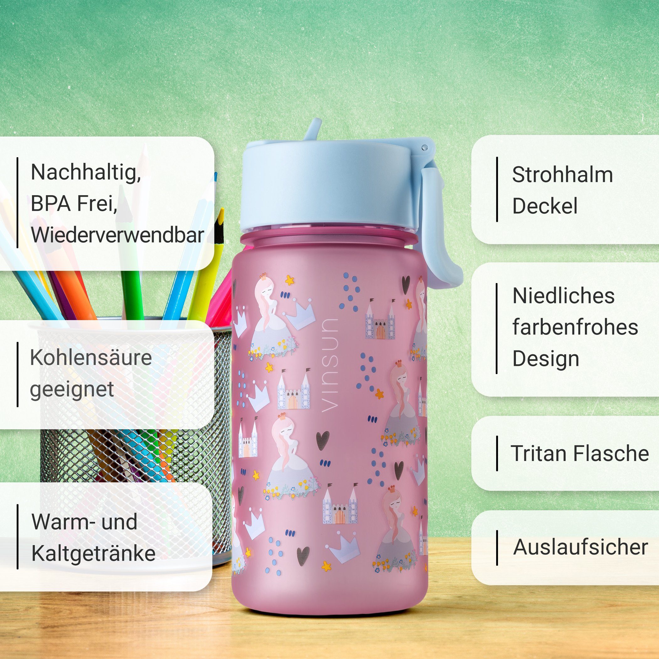 Vinsun Trinkflasche Tritan Flasche 500ml Kinder Wasserflasche mit Strohhalm auslaufsicher, BPA frei, bruchsicher, geruchs- & geschmacksneutral, geringes Gewicht