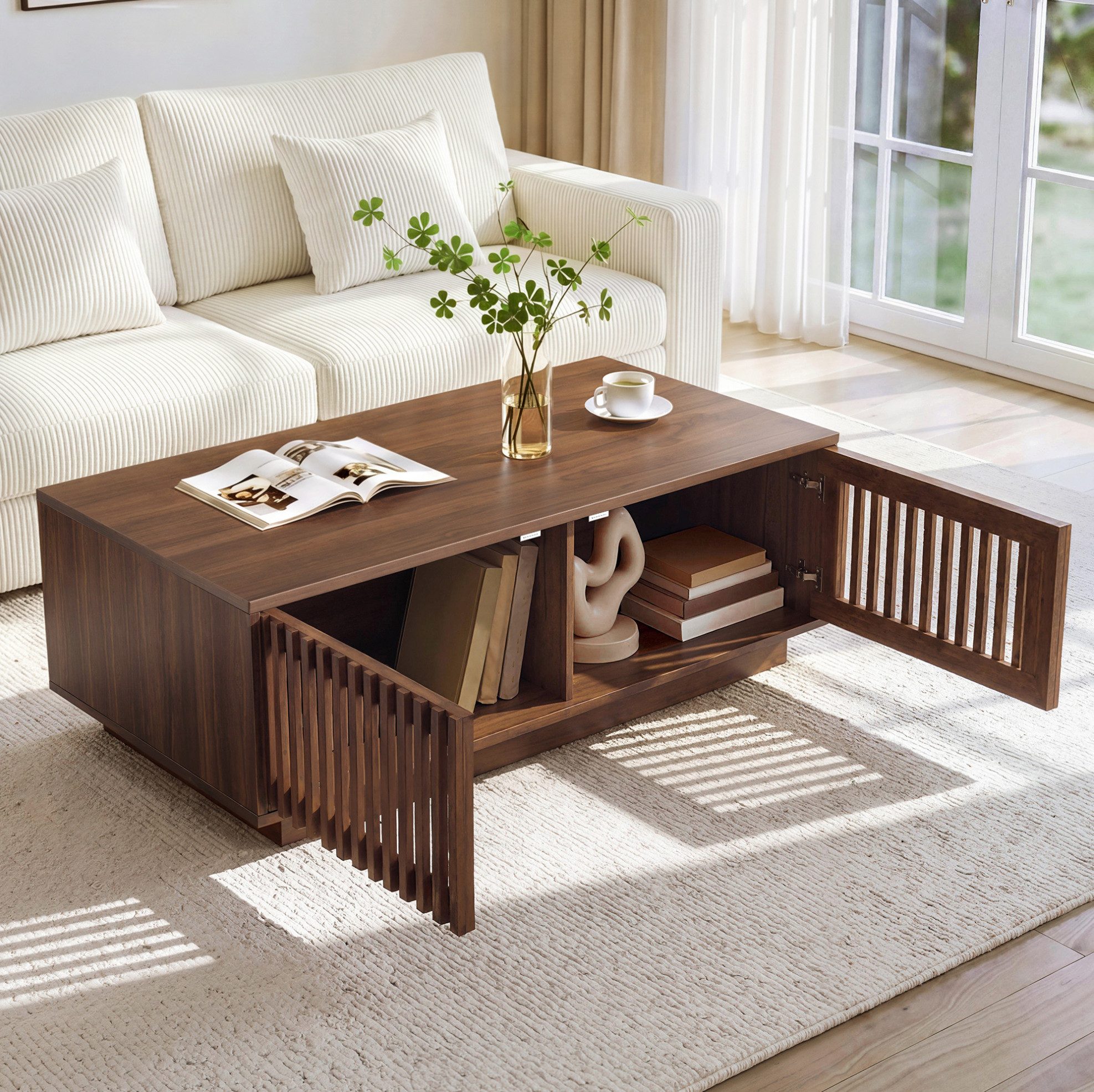 REDOM Couchtisch Design-Tisch – Gittertüren, Walnuss-Optik & MDF (Packung, 1-St., Walnuss, 100×50×35 cm, für moderne Räume), Spanplatte+MDF, Filzgleiter, vielseitig