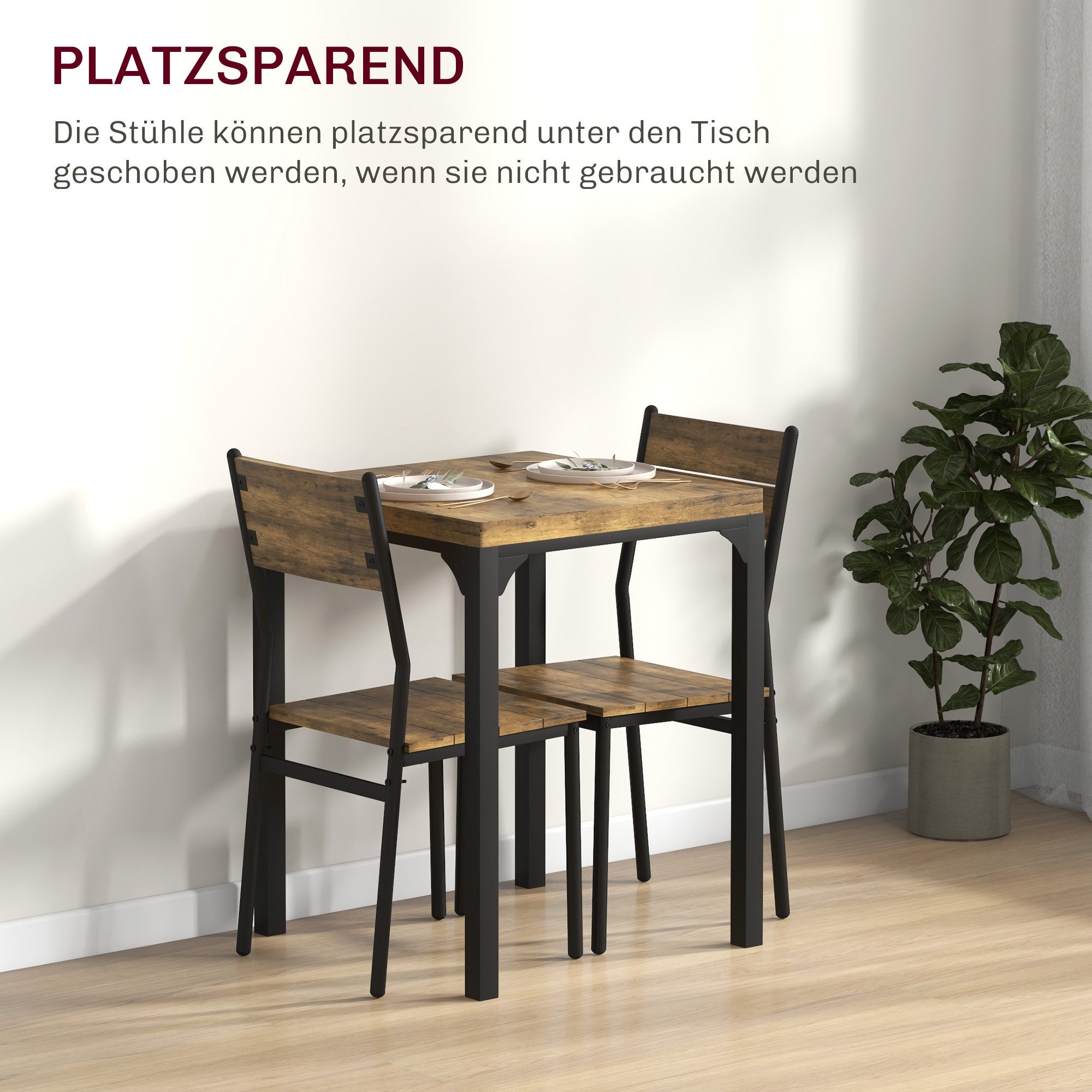HOMCOM Essgruppe Sitzgruppe Küchentisch mit Metallgestell, (Esszimmergruppe, 3-tlg., Esstisch Set Holztisch), mit 1 Tisch + 2 Stühlen, Naturholzmaserung – Bild 4 von 5