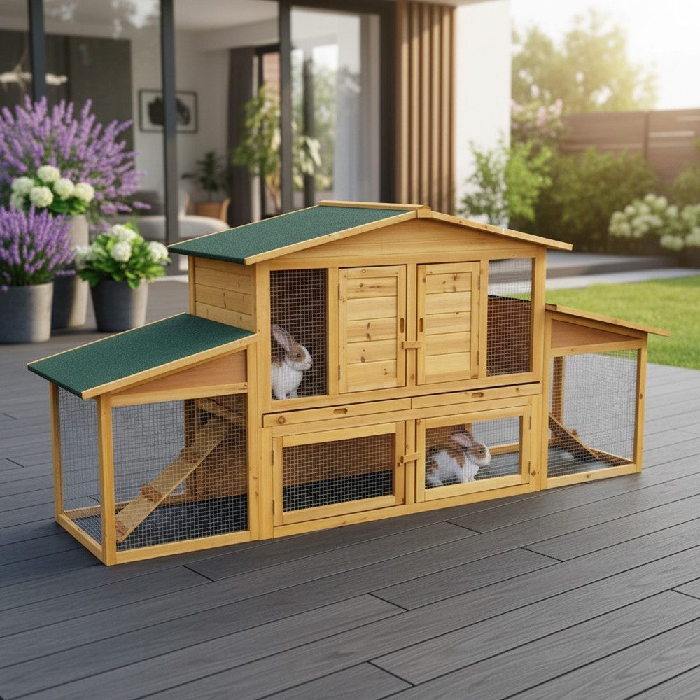 Feel2Home Kleintierkäfig Hasenstall Freilauf Freigehege Kaninchenhaus Nagerkäfig Kleintierstall, Mehrere Boxen, 2 Rampen, 2 Schubladen