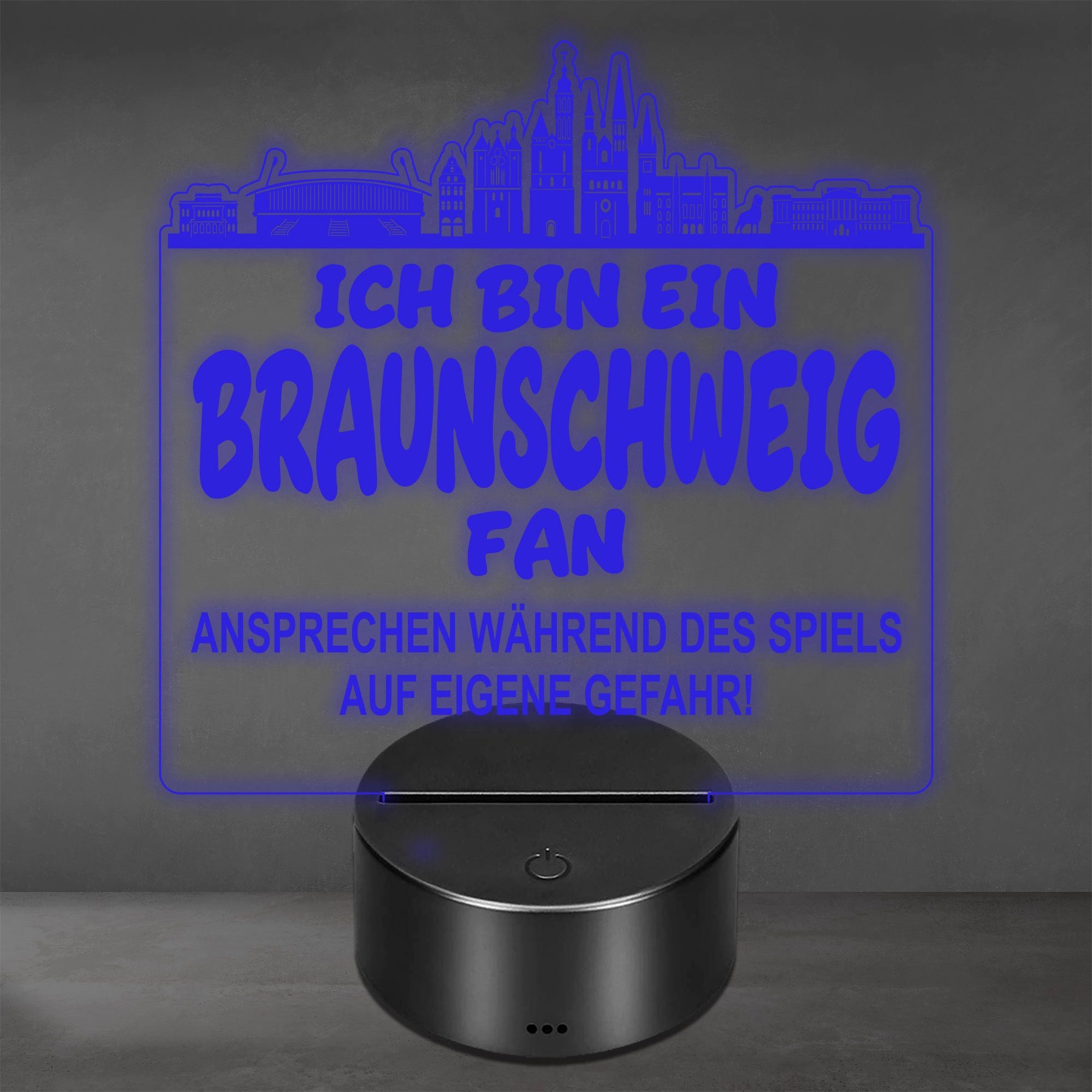 Lieblingsmensch LED Nachtlicht Fußball - Ich bin ein Braunschweig Fan - Ansprechen auf eigene Gefahr, LED fest integriert, Farbwechsel oder feste Farbe mit Fernbedienung & Touch, Man Cave Stimmungslicht – 19x23cm