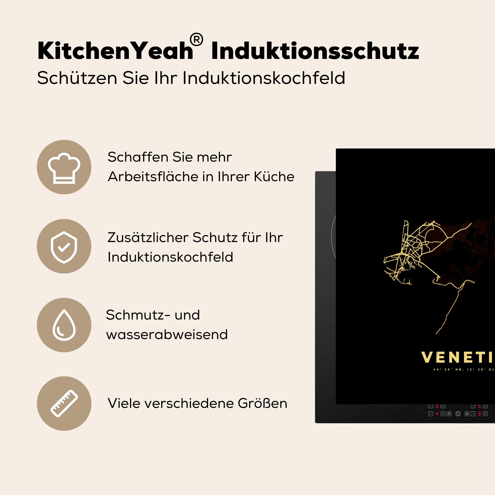 Gold Vinyl, (1 Karte - Herdblende-/Abdeckplatte - tlg), 78x78 Venedig Arbeitsplatte Ceranfeldabdeckung, für MuchoWow küche Schwarz, cm, -