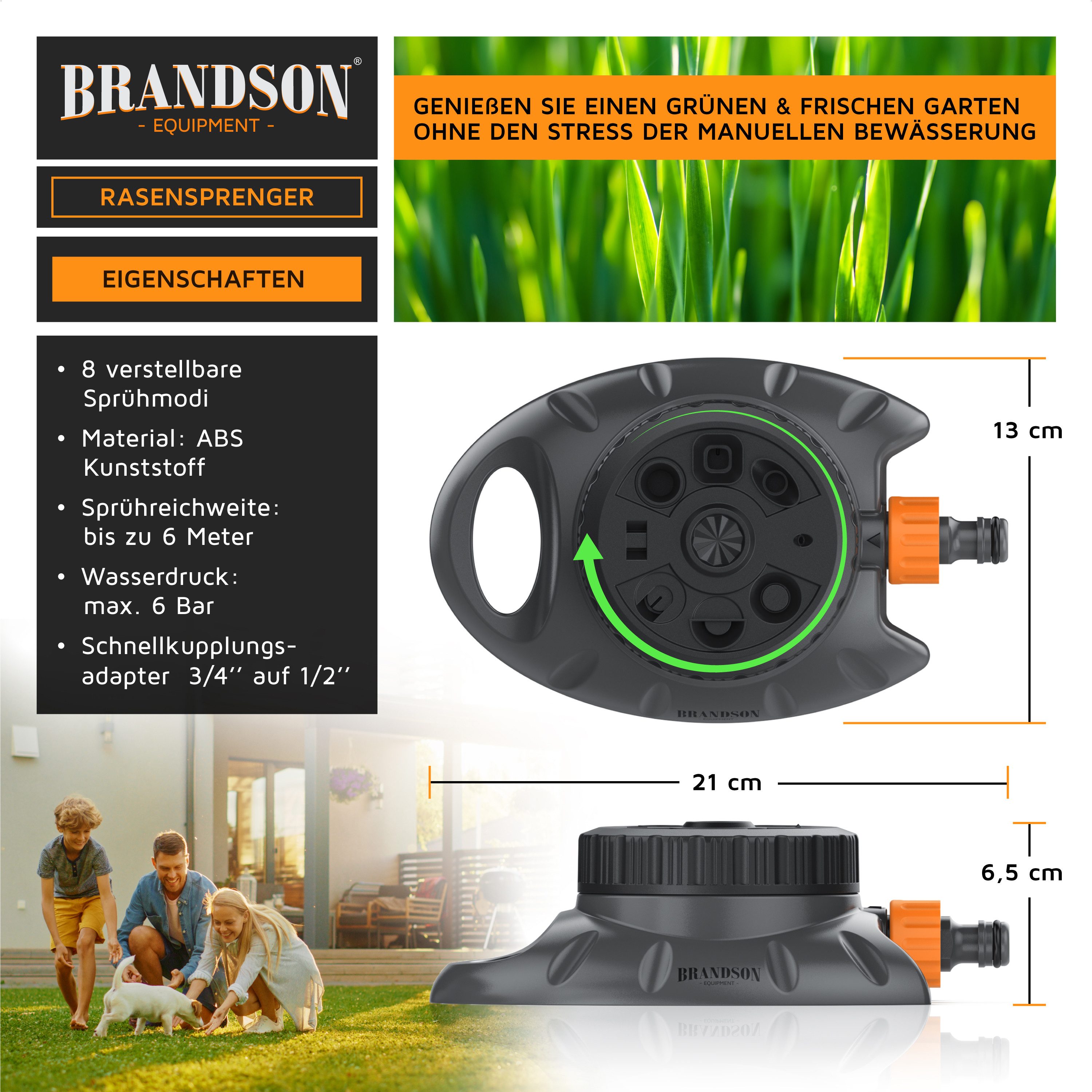 Brandson Vielflächenregner Garten Sprinkler, 360° Rasensprenger, 8 Sprühmodi, 110m² Bewässerung, für Flächen bis 110 m², (1-St), Vollkreis bis Strahlfächer, Flächenregner, Wasserstrahl einstellbar