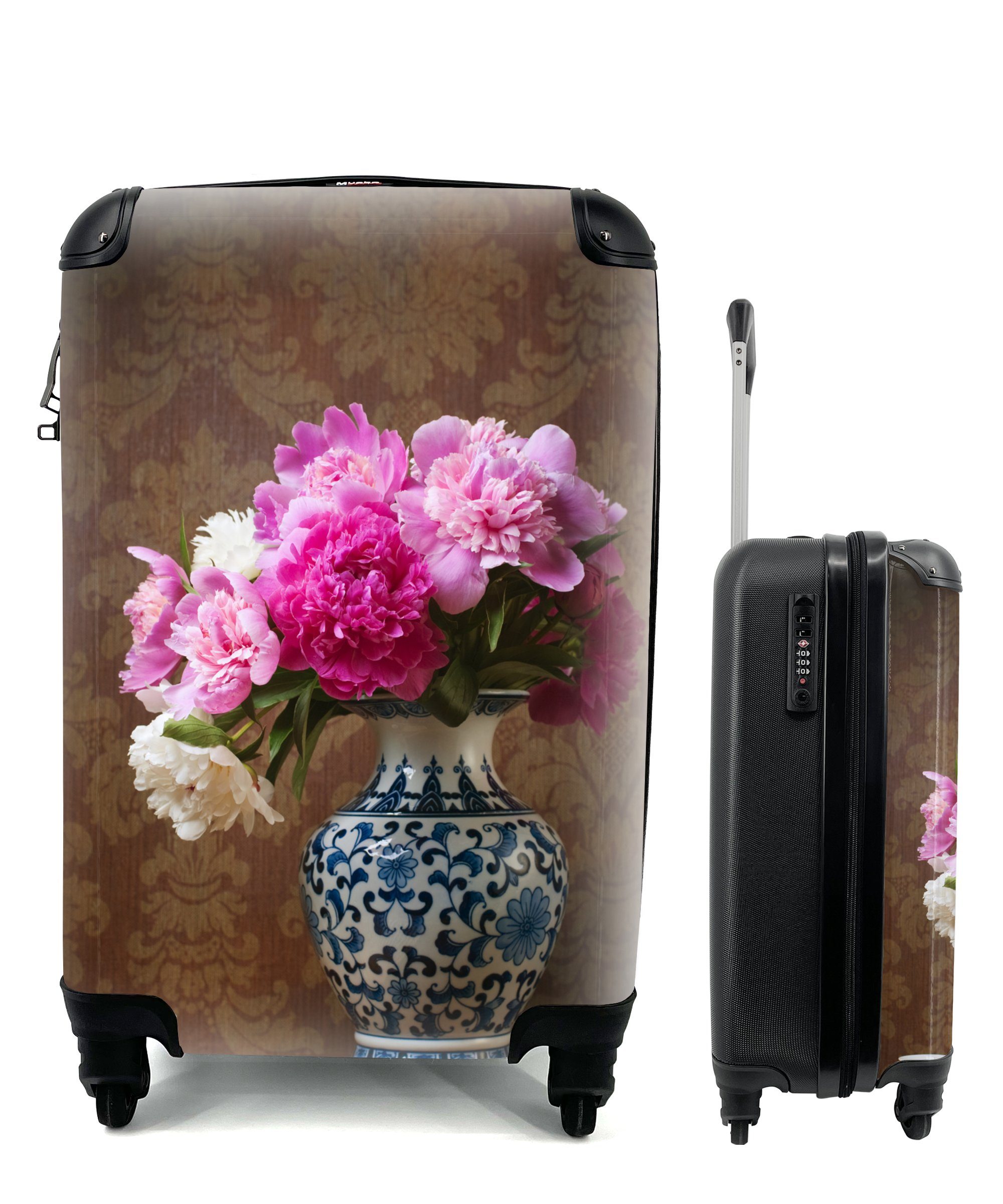 MuchoWow Handgepäckkoffer Pfingstrosen - Vase Trolley, 4 Handgepäck Reisekoffer mit rollen, Rollen, Reisetasche - Ferien, für Farben