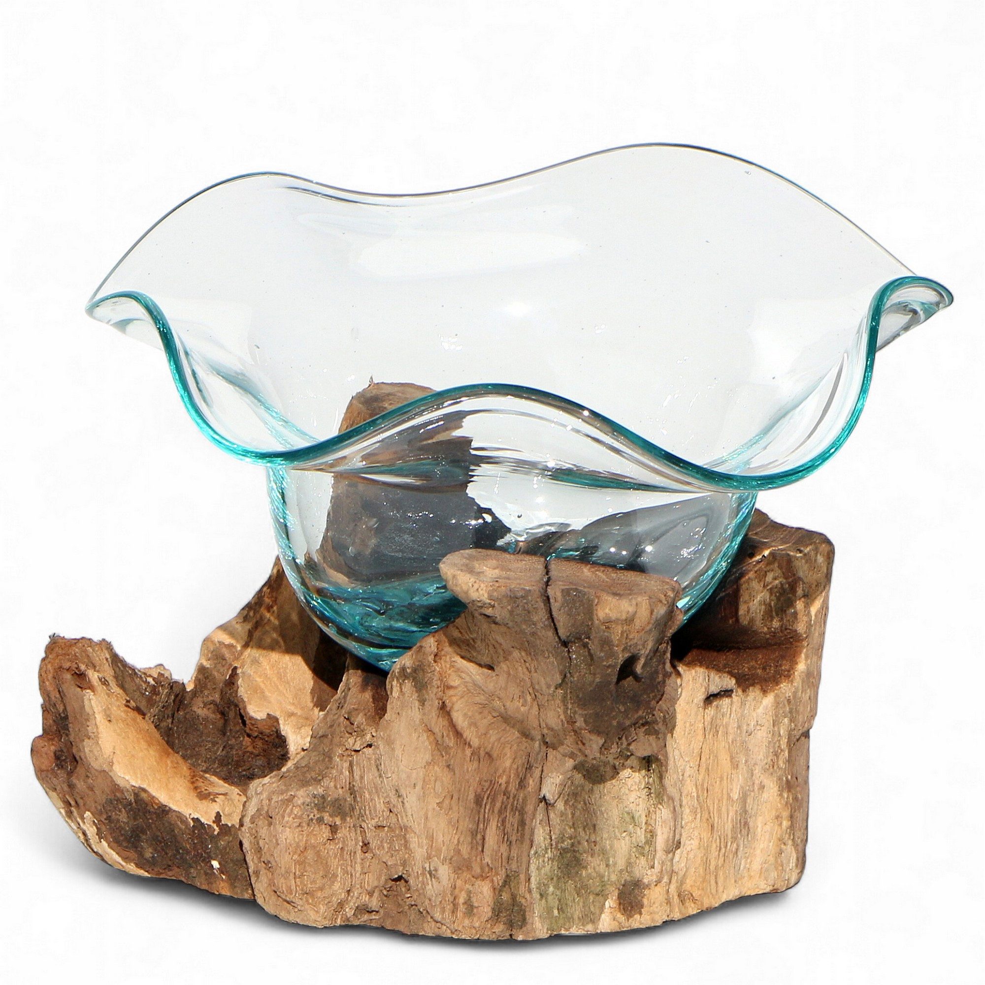 Wogeka Dekoschale Glas-Schale "Laguna" auf Wurzelholz Teakholz Gamal Vase