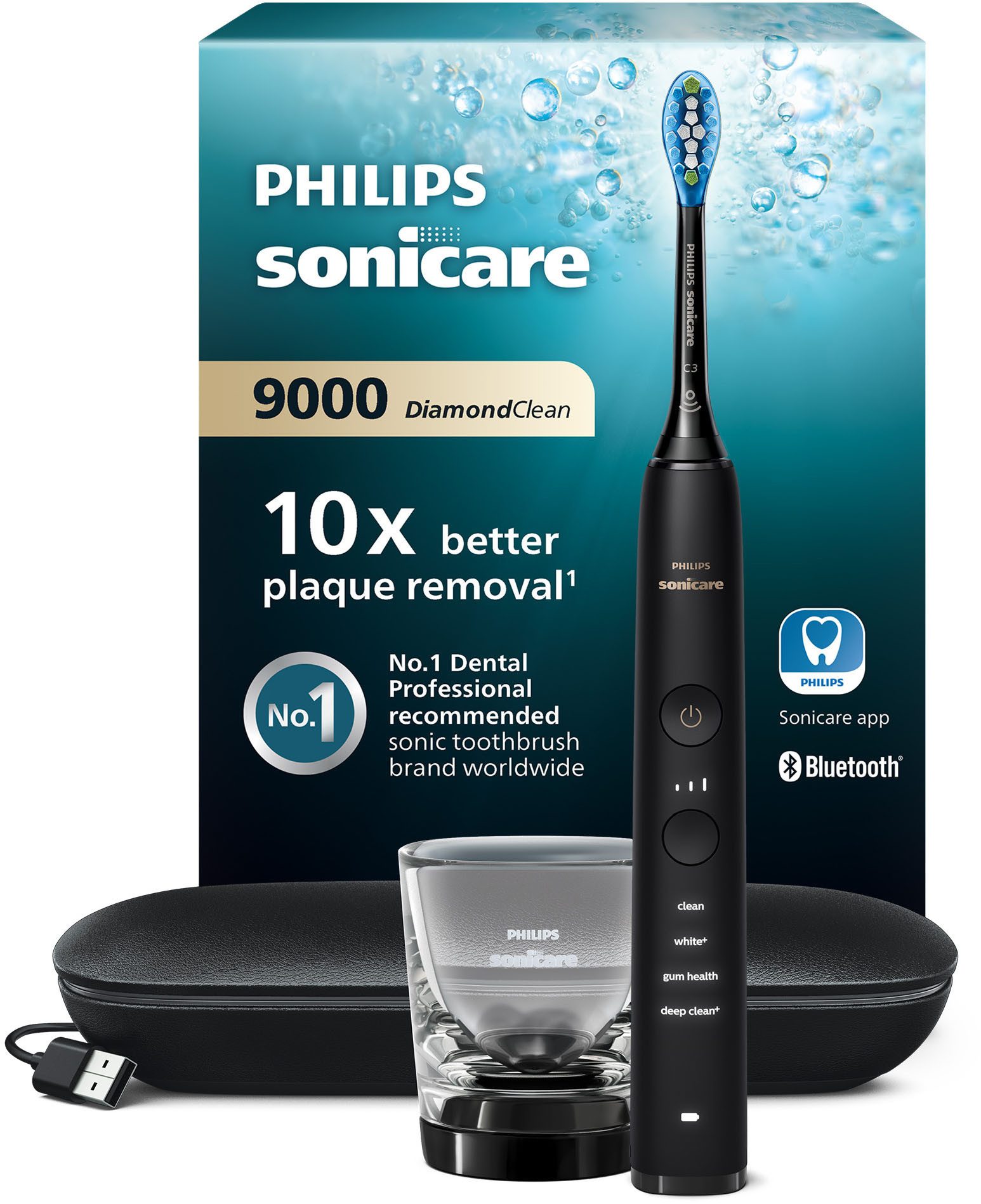 Philips Sonicare Elektrische Zahnbürste DiamondClean 9000 HX9911, Щетки: 1 St., mit Schalltechnologie, Ladeglass, USB-Reiseetui