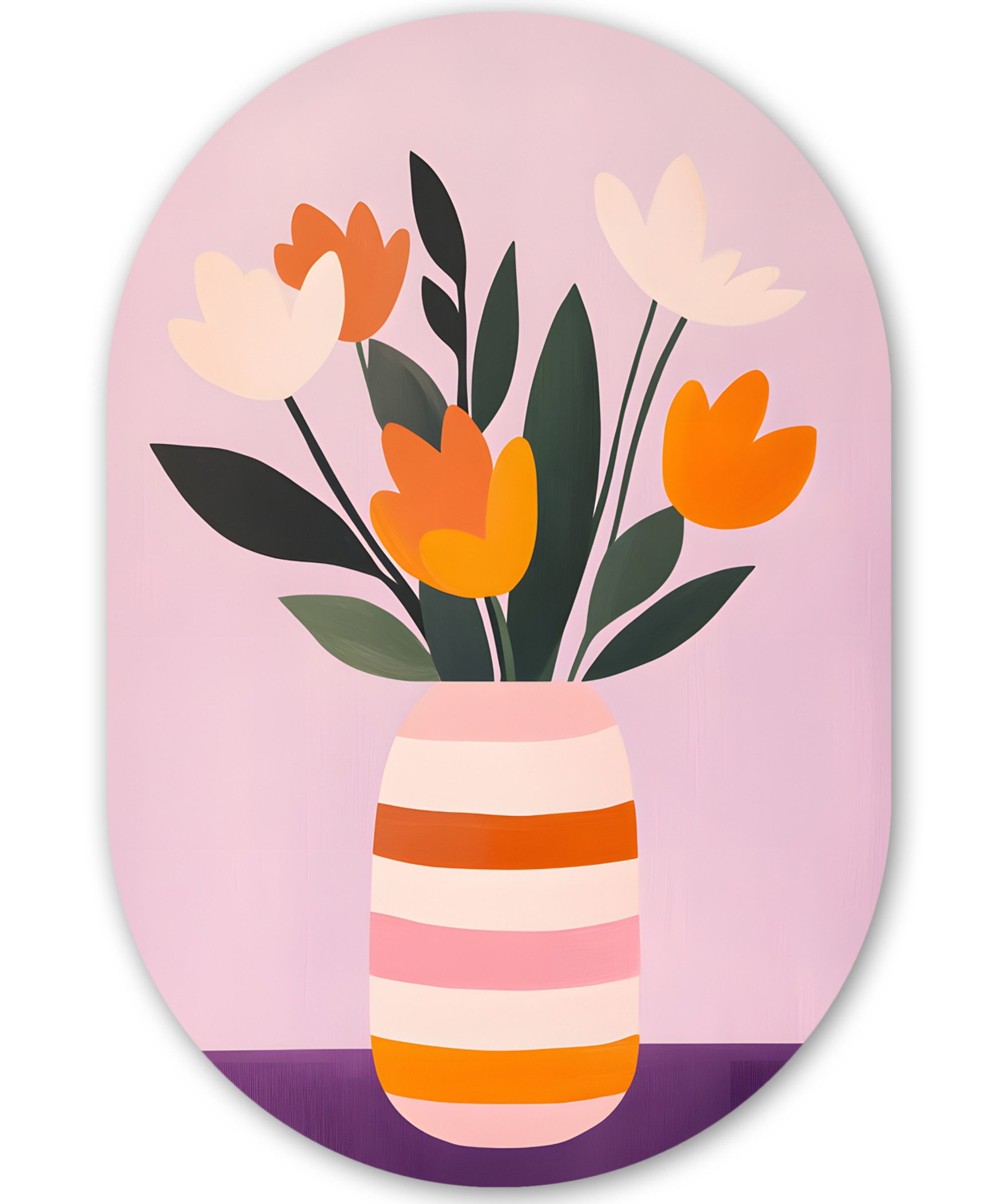 MuchoWow Gemälde Tulpen - Vase - Streifen - Lila, Fotodruck (1 St), Wandbild Oval, Wohnzimmer oder Schlafzimmer Wanddekoration, 40x60 cm