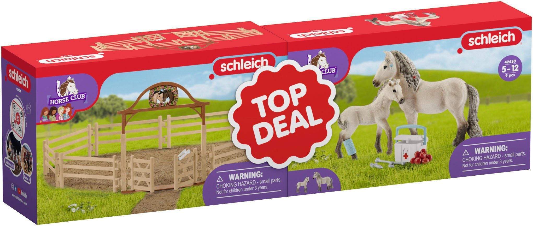 Schleich® Spielwelt HORSE CLUB Set: Pferdekoppel mit Eingangstor & Hannahs Erste-Hilfe-Set, (72242) bestehend aus (42430 + 42434)