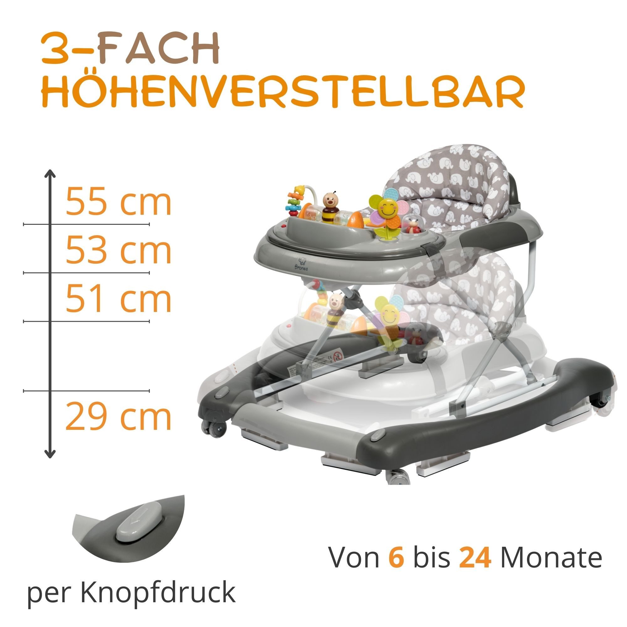 Bronea Lauflernhilfe 4-in-1 Lauflernwagen Gehfrei Baby Schaukel Lauflernhilfe Babywalker, Abnehmbares Spielpaneel - Wippfunktion - Leise gummierte Reifen