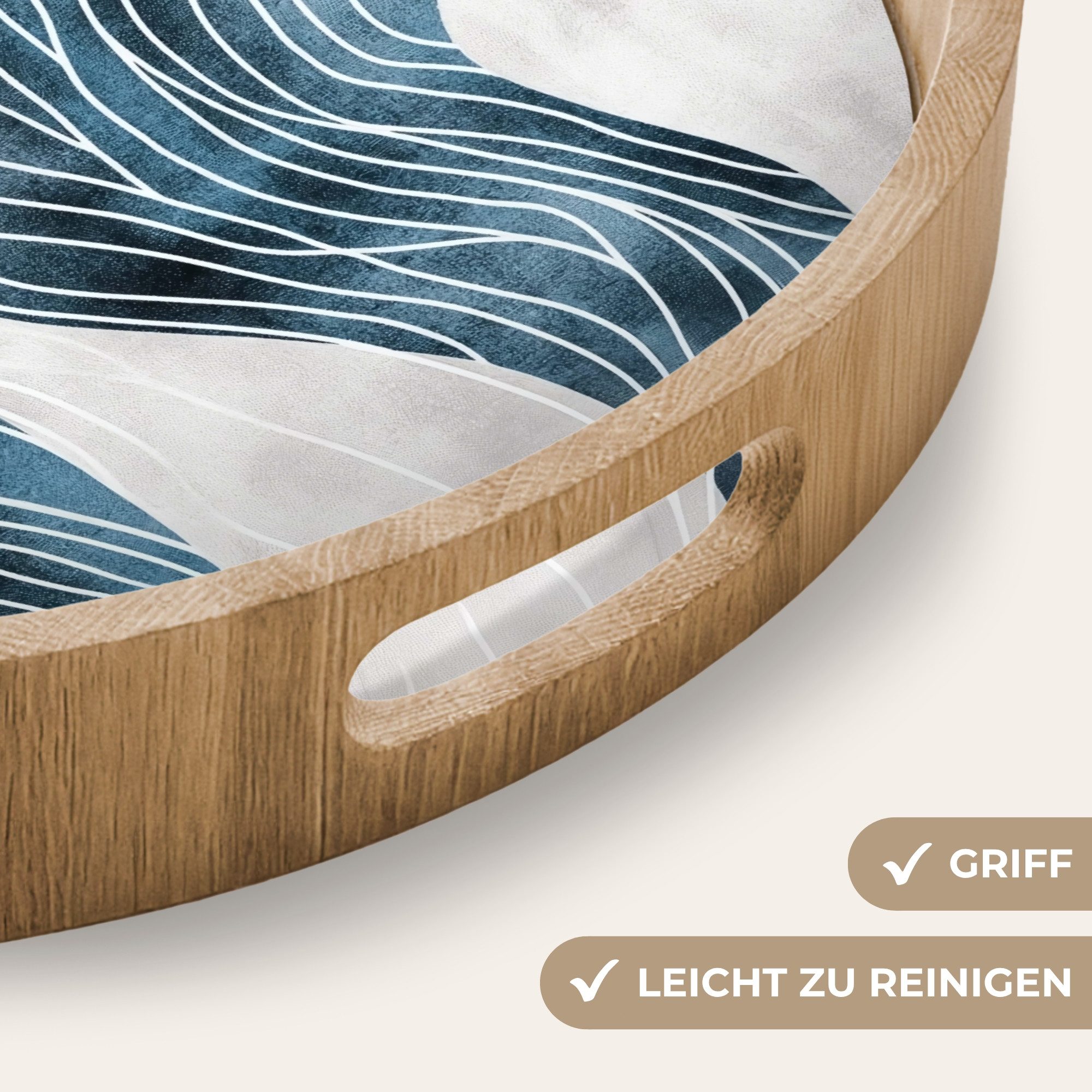 OnlyWow Tablett Rund mit Henkel Linien - Wellen - Abstrakt - Grau, Eichenholz, (1-tlg), Siervierplatte, Tray, Frühstücksbrett – Bild 3 von 5