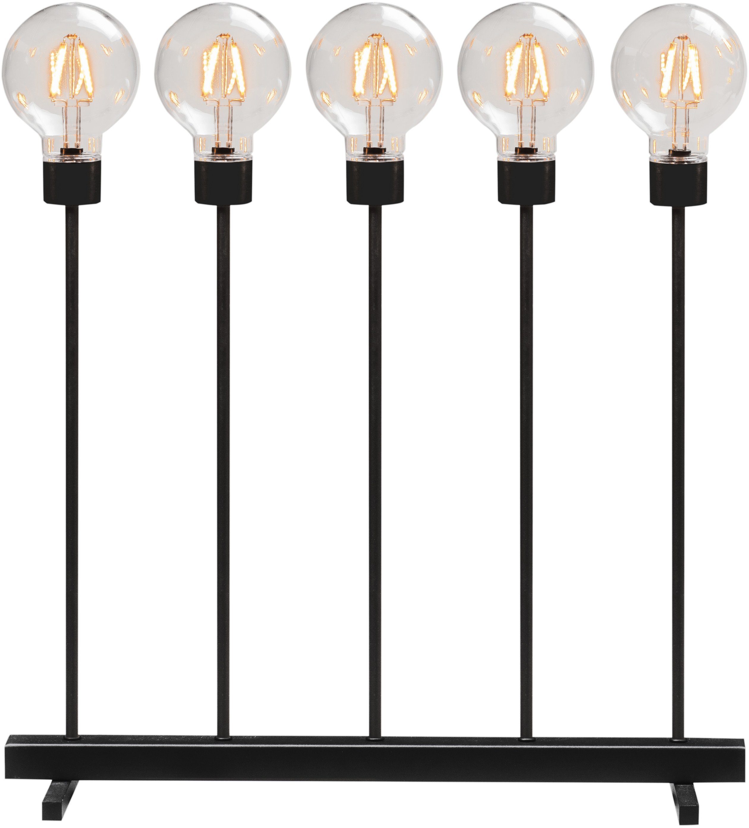 KONSTSMIDE LED Fensterleuchter, LED wechselbar, LED Metallleuchter, schwarz, 5 runde Globes, 10 bernsteinfb. Dioden