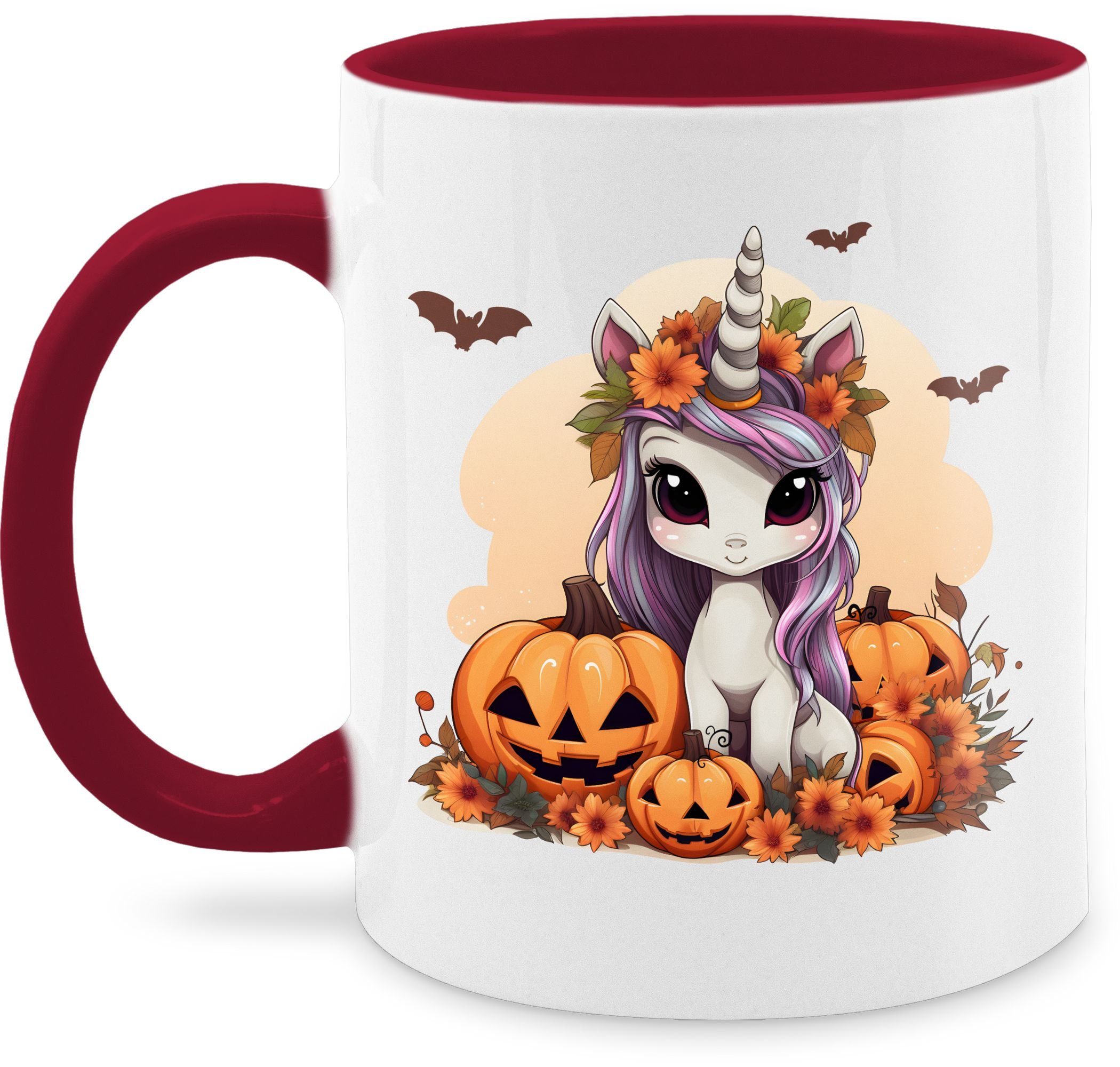 Unicorn Halloween 2 Süßes Kürbis, Tassen Tasse Bordeauxrot Halloween Shirtracer Keramik, Einhorn