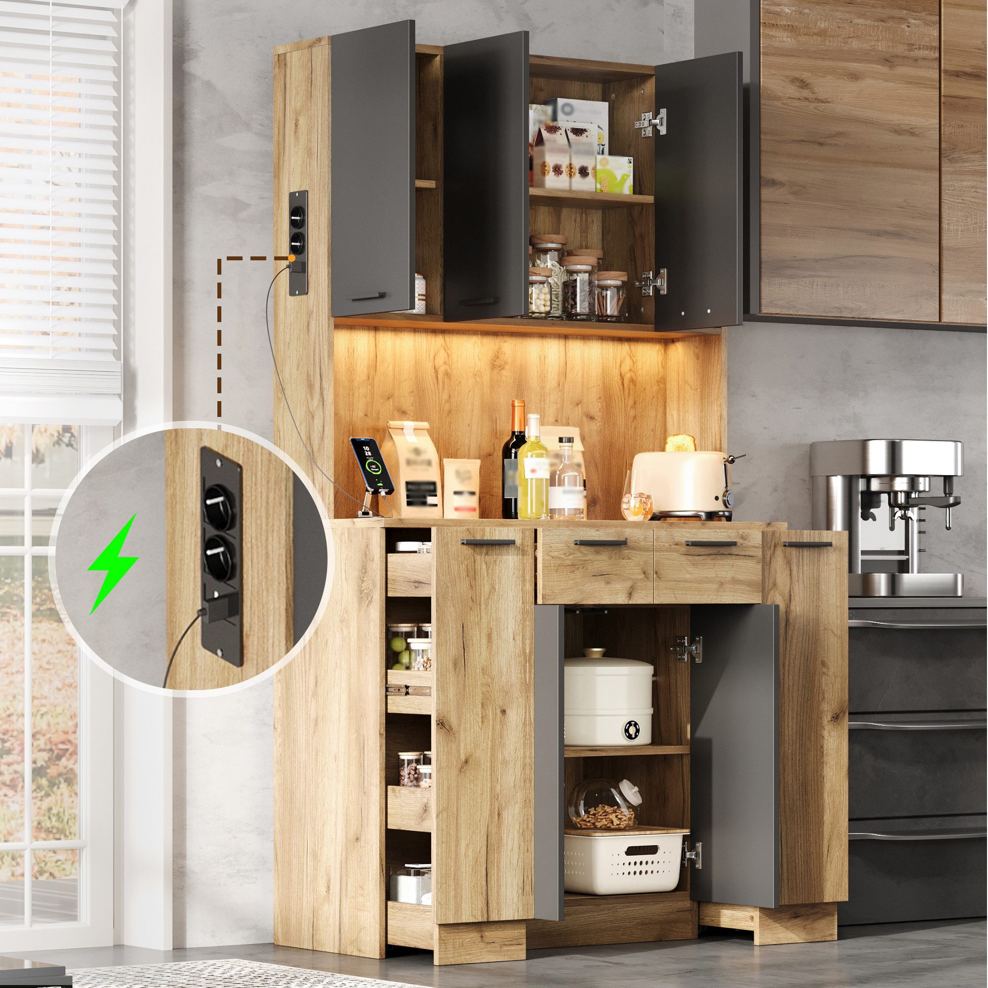 Flieks Küchenbuffet Hochschrank mit LED-Beleuchtung, Steckdose, 4-stöckiges Ausziehablagen (B100/T40/H180 cm, 1-St) Mehrzweckschrank Küchenschrank mit verstellbarer Ablagen Holzoptik